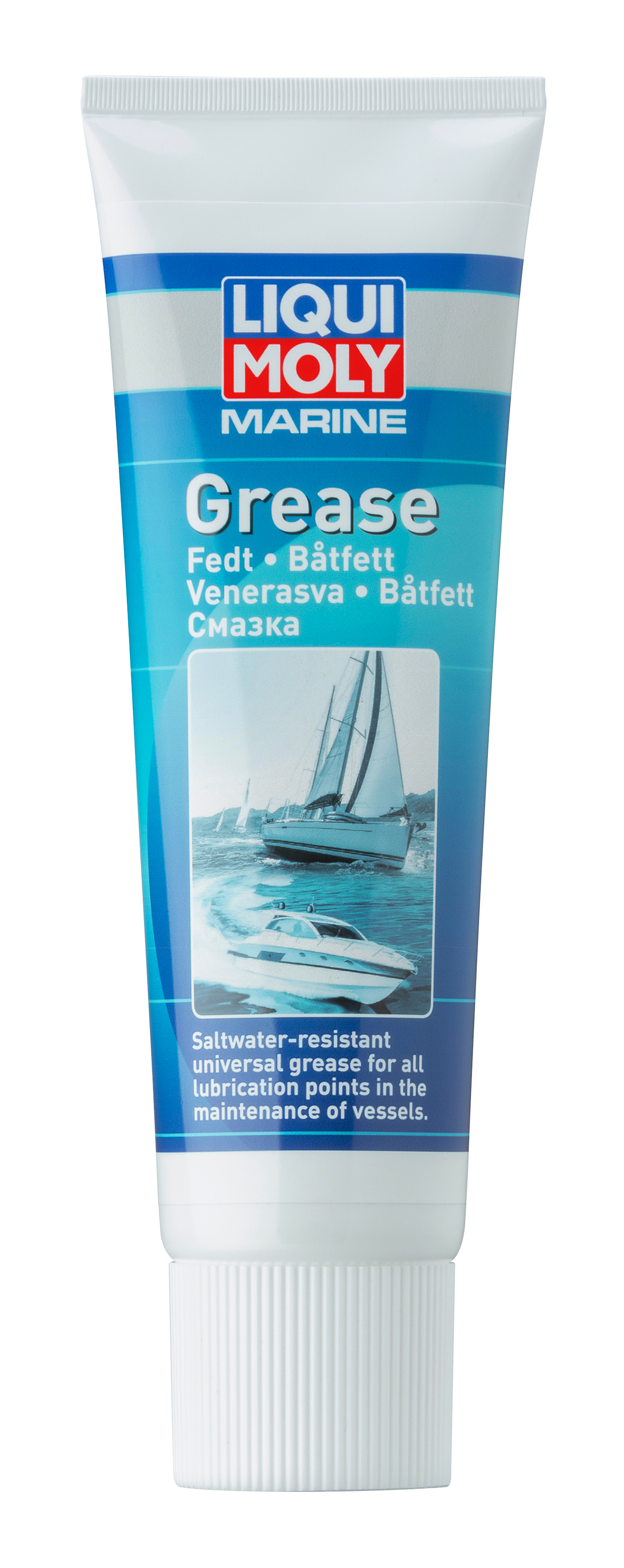 Liqui Moly Marine Grease container, marine-grade lubricant with a blue cap and label, designed for boat and marine equipment.