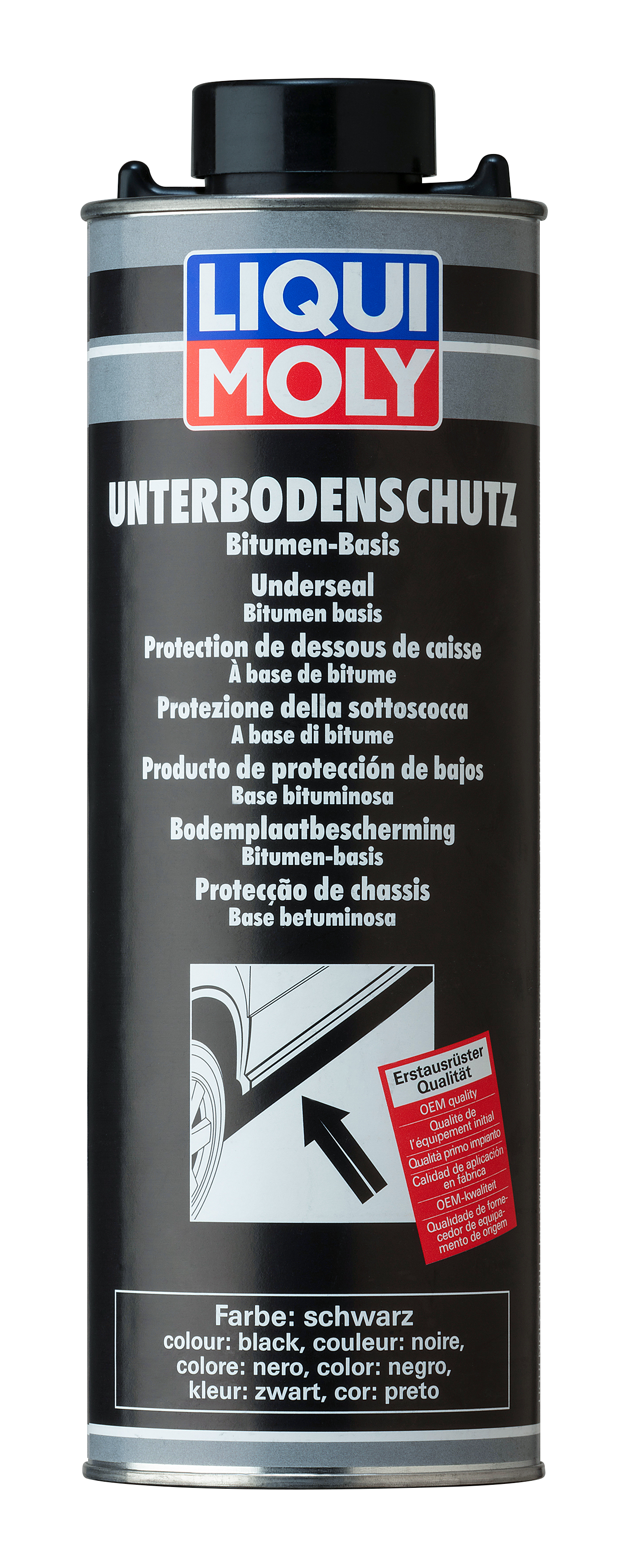 Liqui Moly Underseal Bitumen Black 1L container for automotive underbody protection, with black liquid sealant visible in the image.