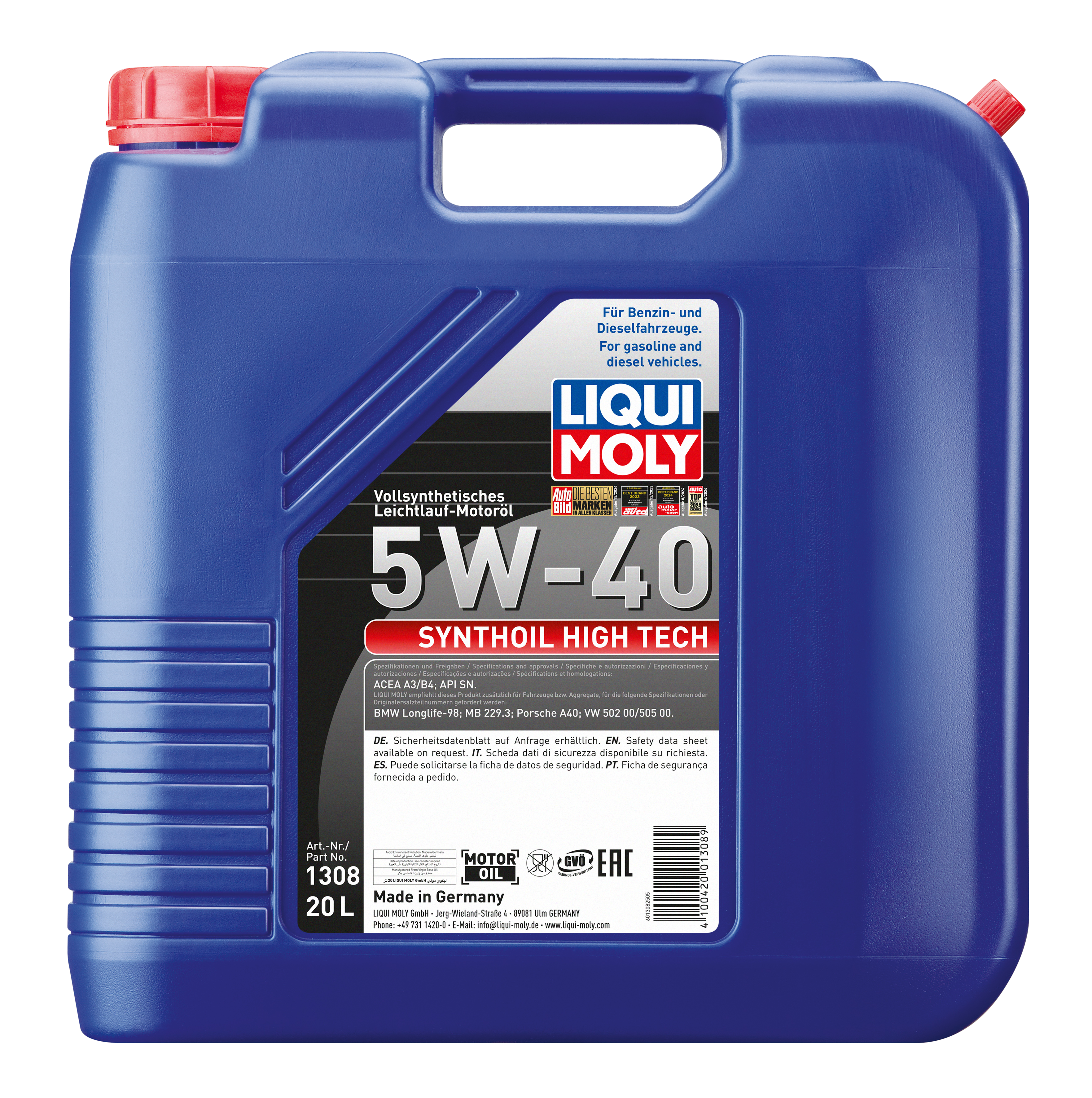 Liqui Moly Synthoil High Tech 5W-40 engine oil container, automotive engine oil product in a bottle with label.
