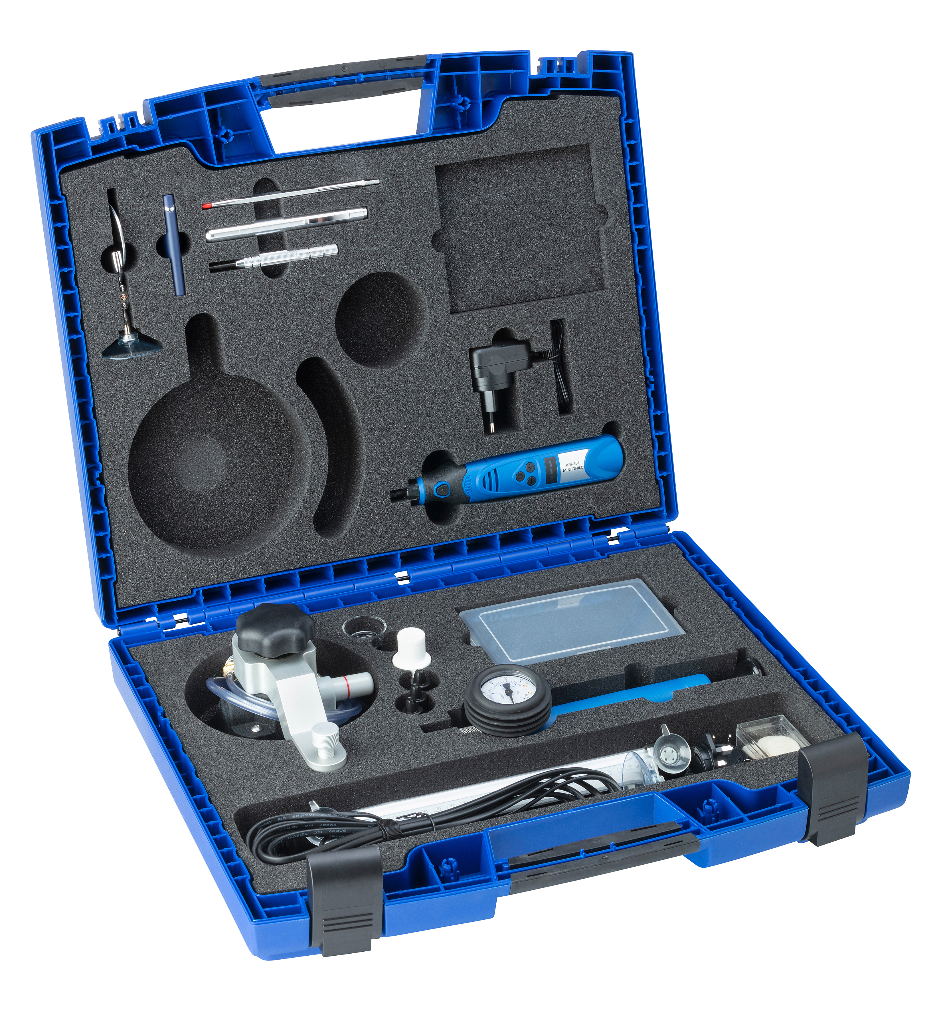 Liqui Moly laminated glass repair system case for trucks and cars, featuring tools for commercial and agricultural vehicle glass repair.