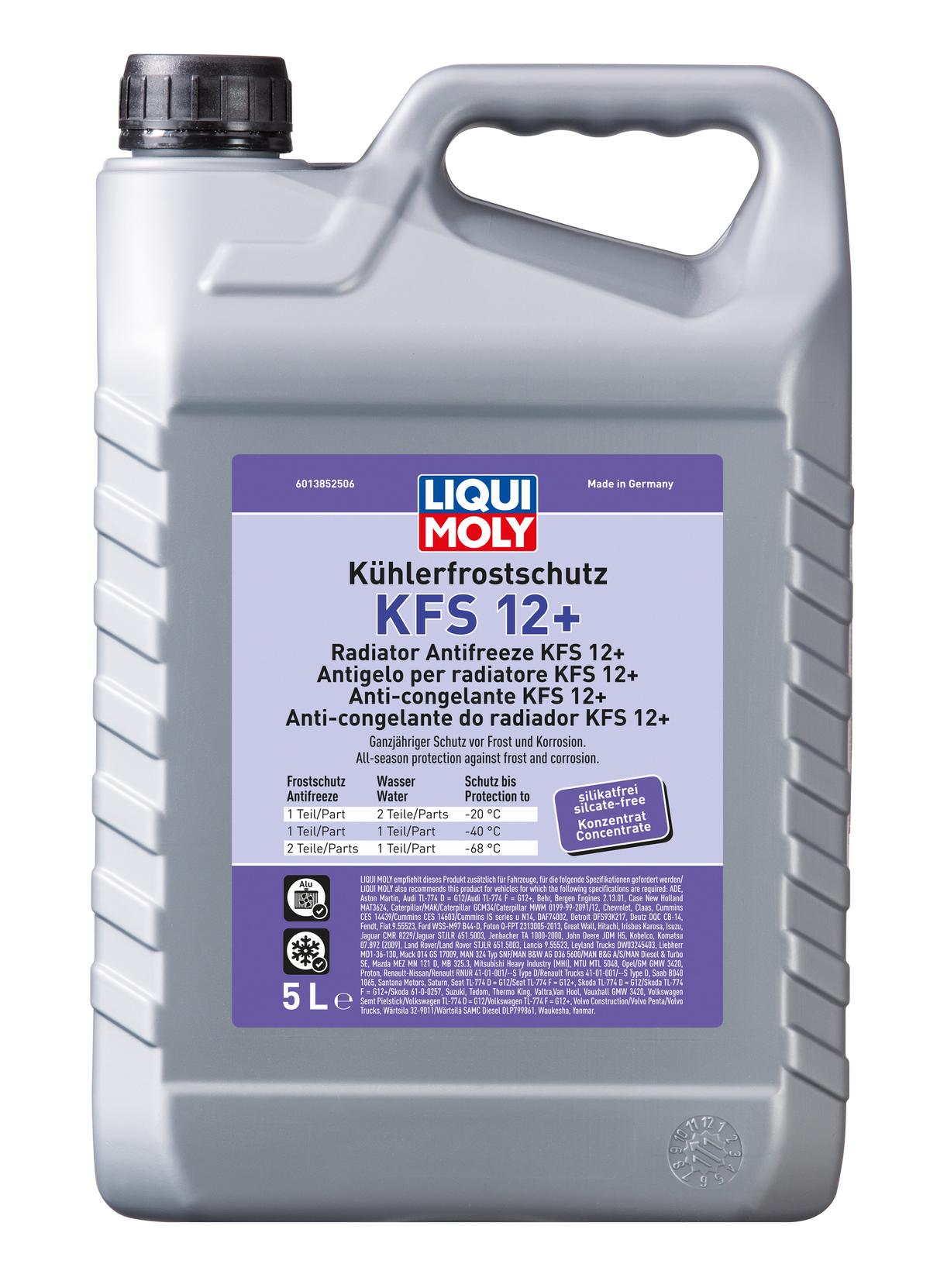 Liqui Moly Radiator Antifreeze KFS 12+ coolant bottle with blue liquid inside for car radiator protection.