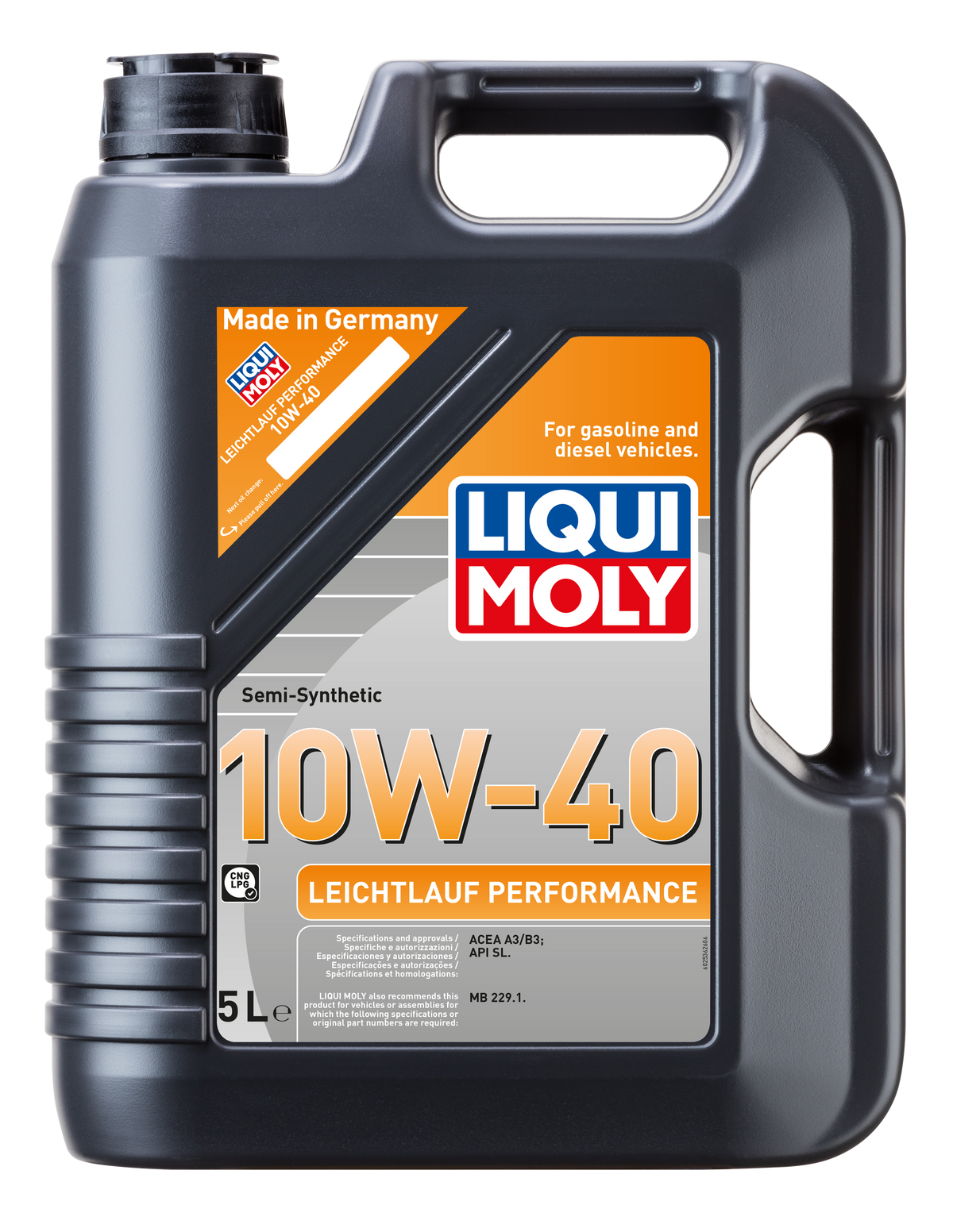 Liqui Moly Smooth Running Performance Engine Oil 10W-40 container with label and cap, designed for vehicle engine lubrication.