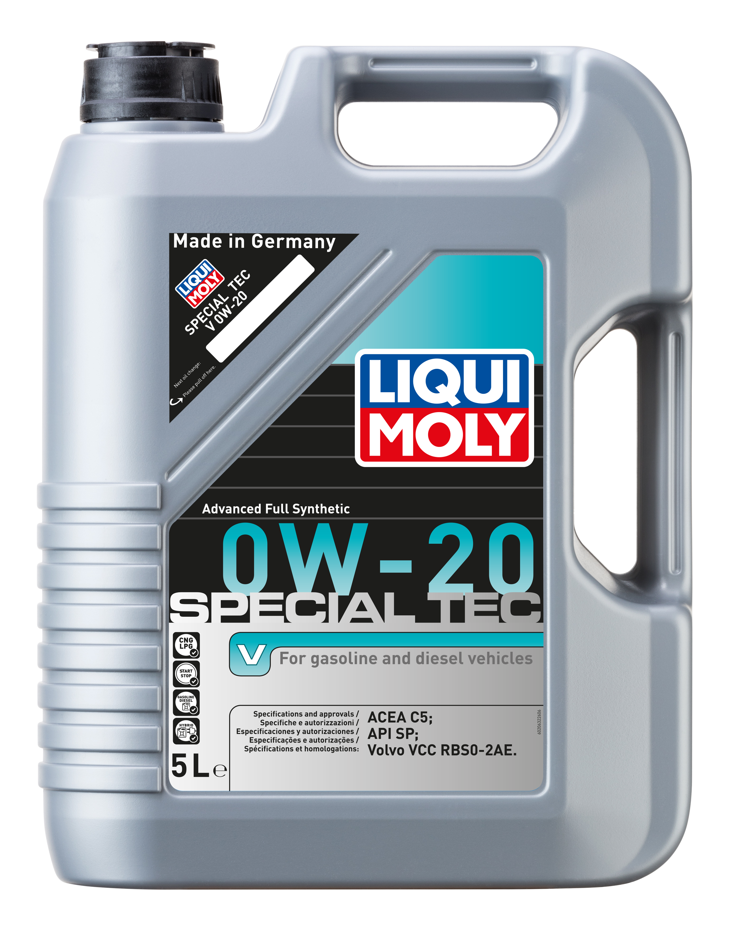 Liqui Moly Special Tec V 0W-20 engine oil container with label, designed for automotive engine lubrication.
