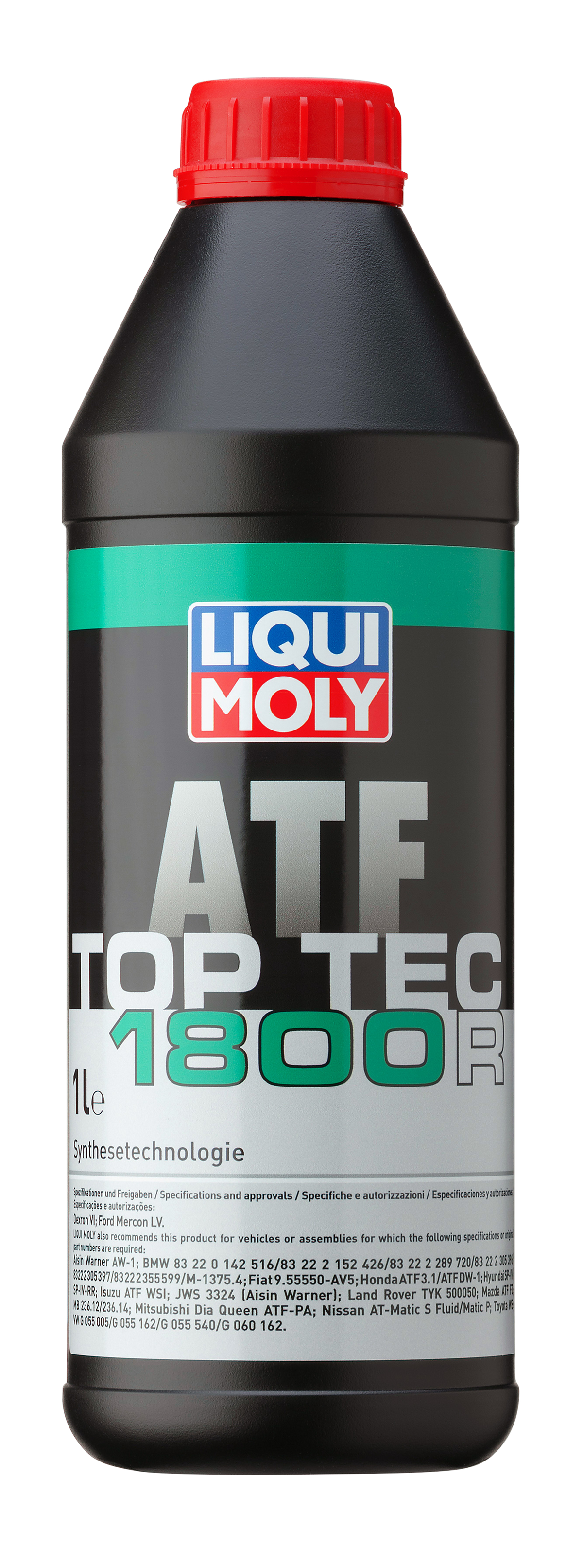 Liqui Moly Top Tec ATF 1800 R gearbox fluid bottle, red liquid inside a transparent container, with product label visible.