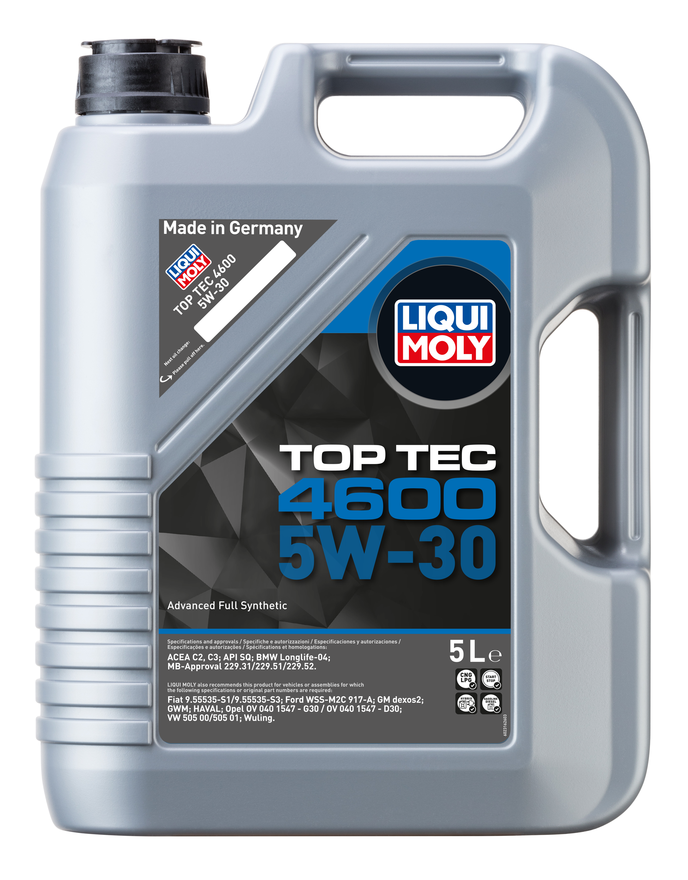 Liqui Moly Top Tec 4600 5W-30 engine oil bottle with label and cap, ready for vehicle engine lubrication.