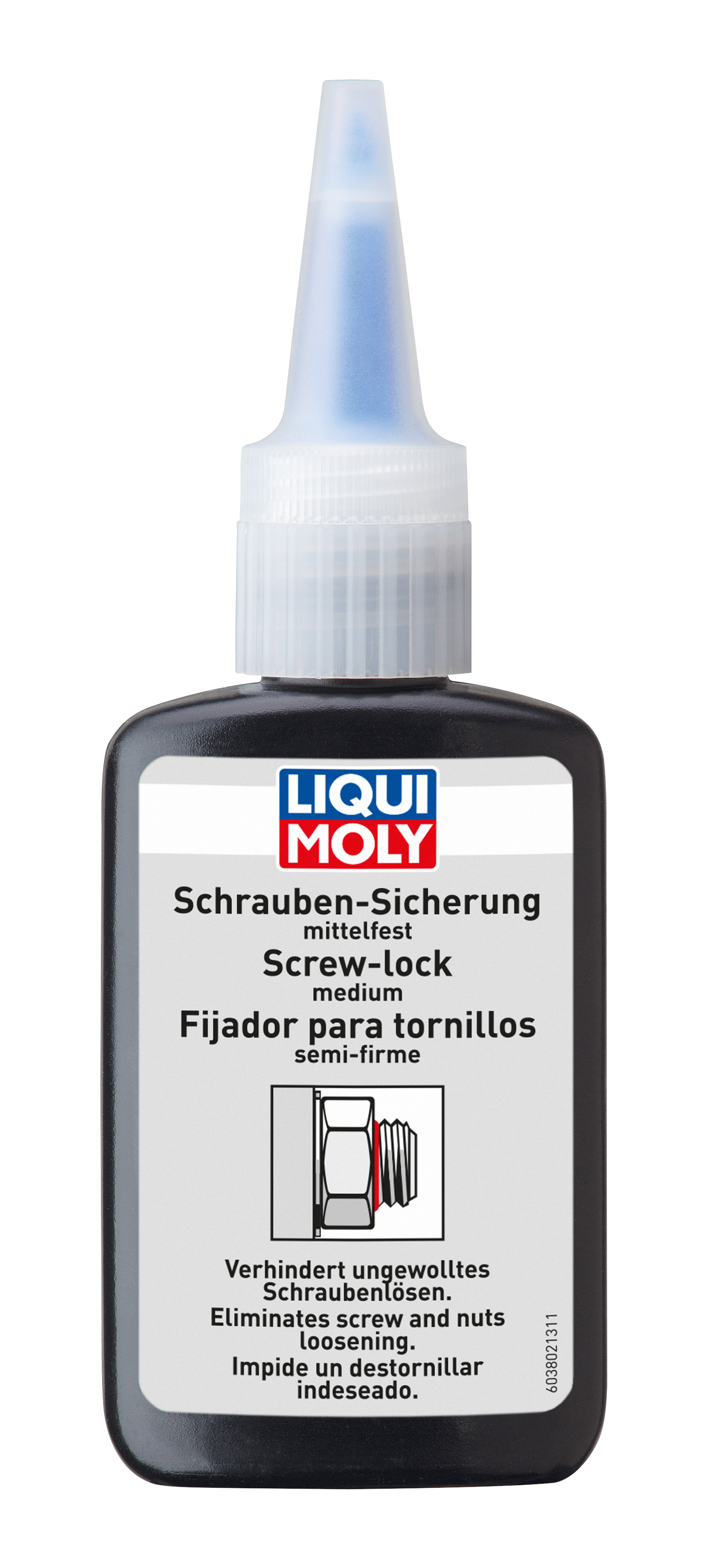 Liqui Moly screw retainer medium strength adhesive applied to engine screw for secure fastening and vibration resistance.