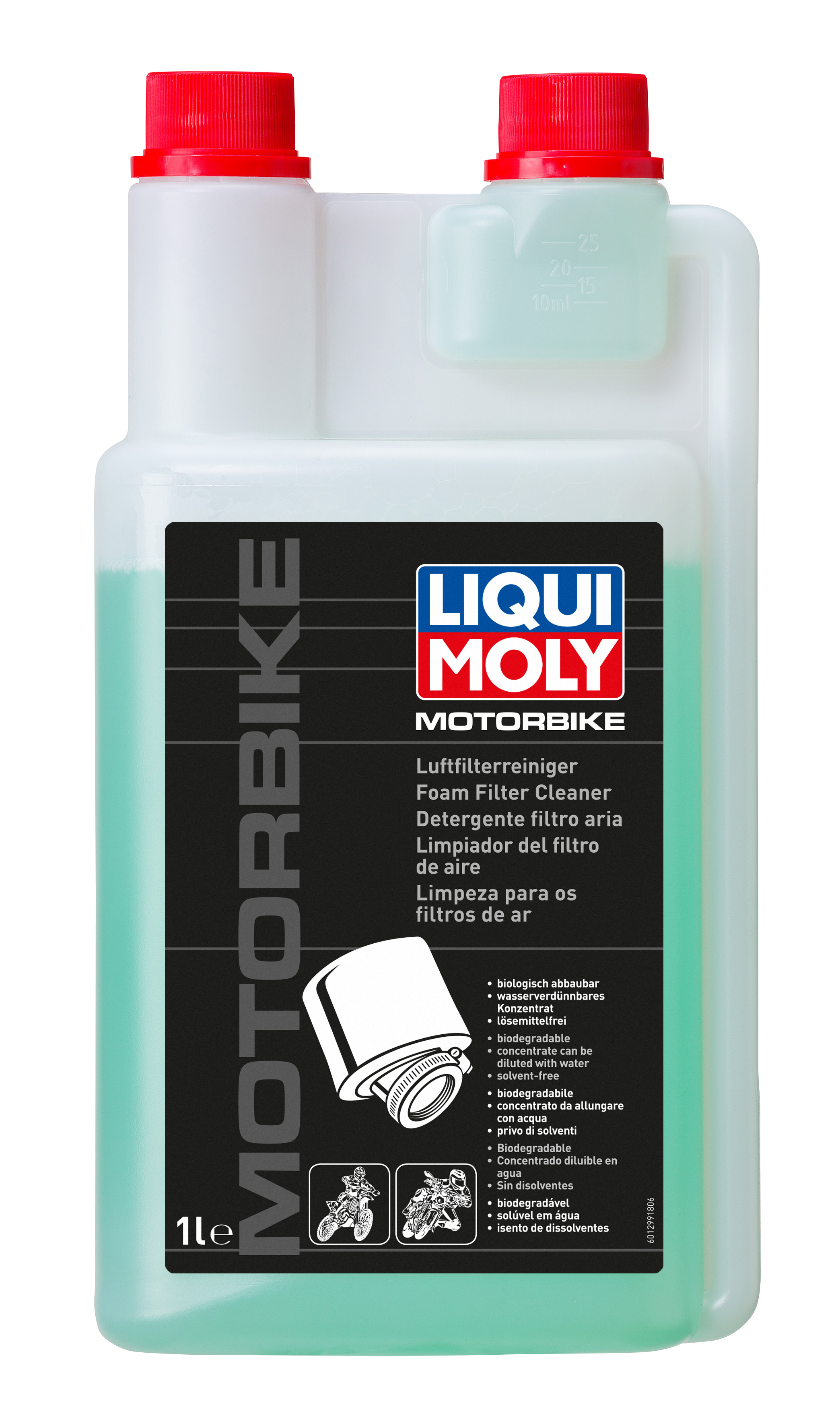 Liqui Moly Motorbike Foam Filter Cleaner 1L bottle, motorcycle foam filter cleaning product with label visible.