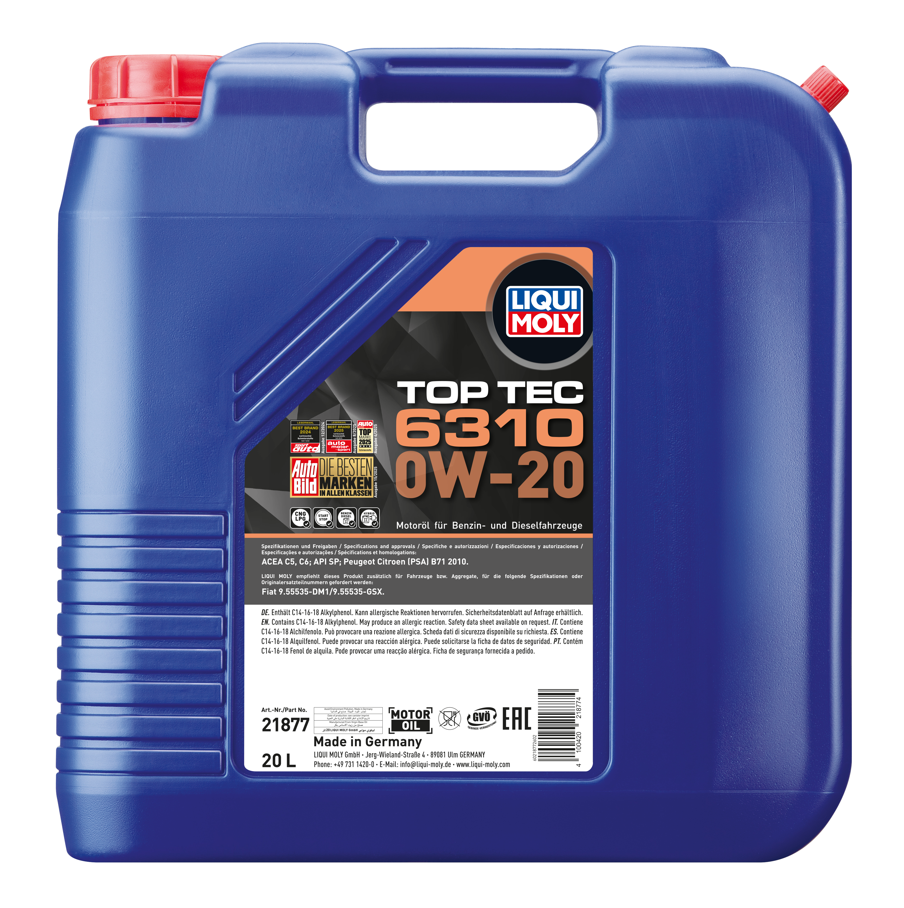 Liqui Moly Top Tec 6310 0W-20 engine oil bottle, high-quality synthetic motor oil with a yellow cap and label.