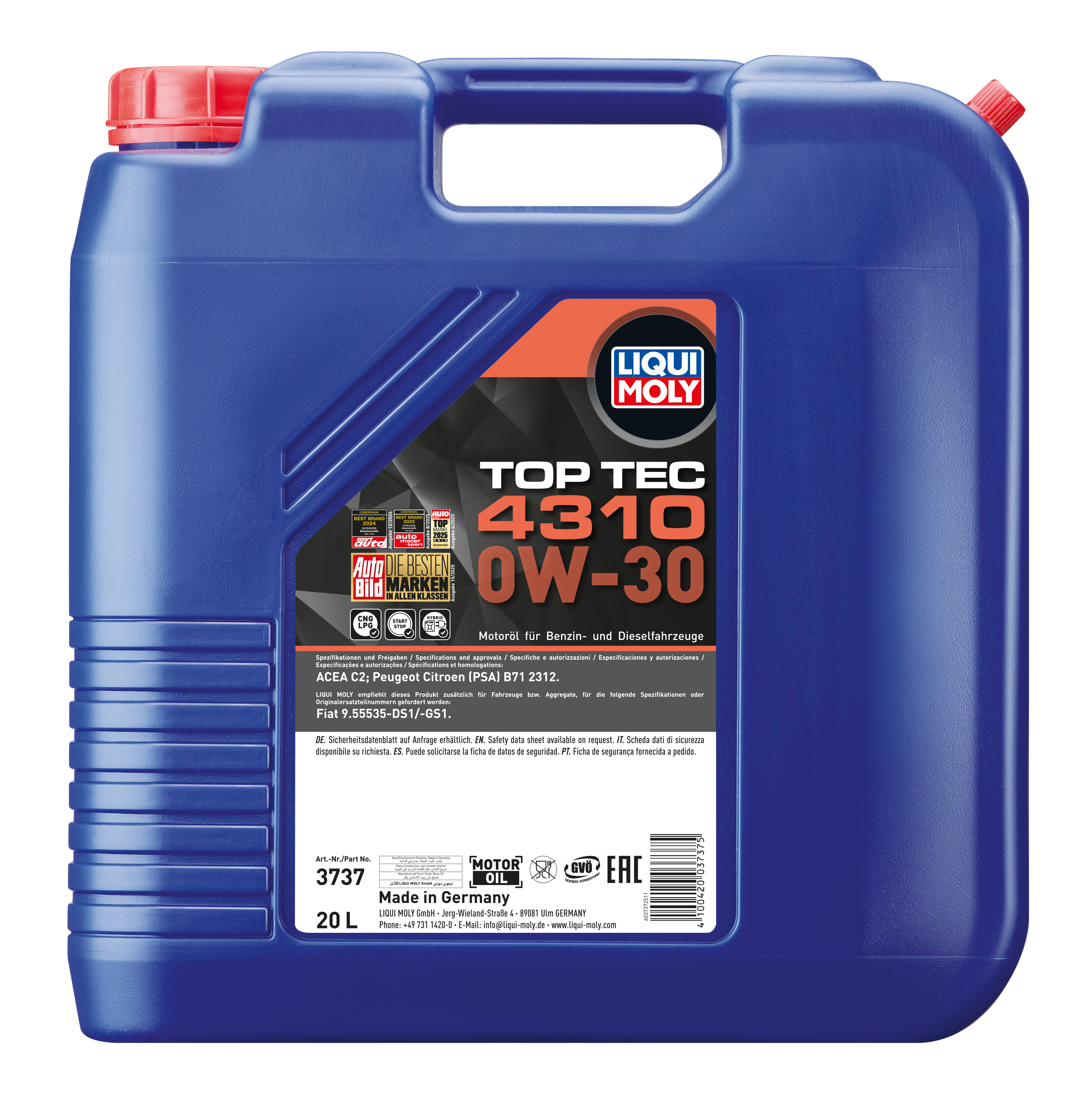 Liqui Moly Top Tec 4310 0W-30 engine oil bottle with label and cap, suitable for vehicle engine lubrication.