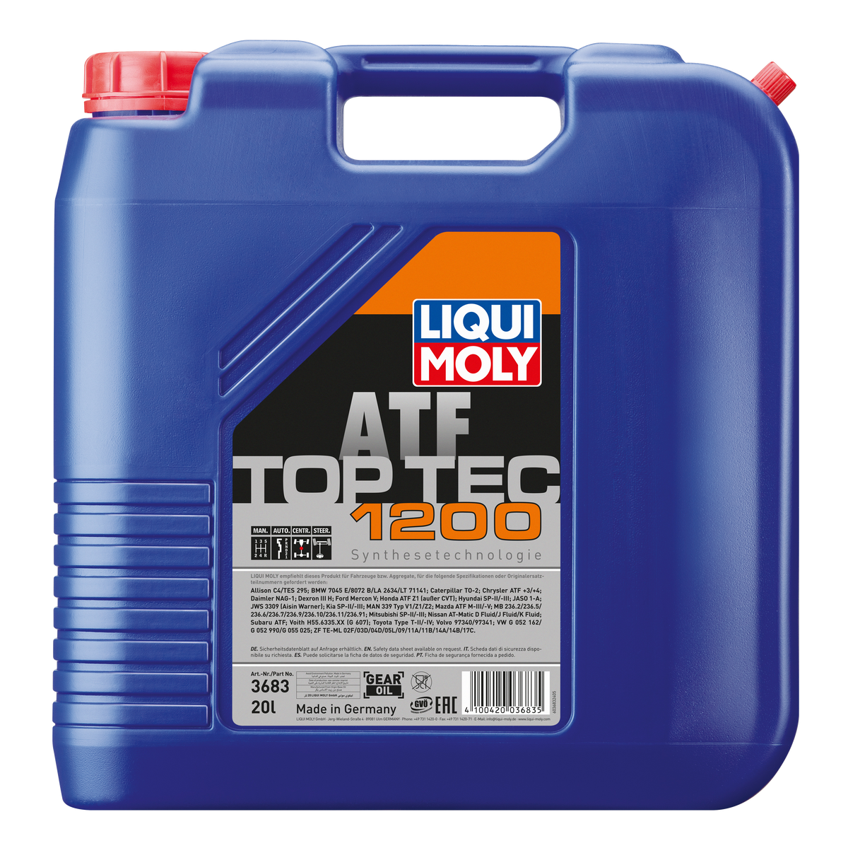 Liqui Moly Top Tec ATF 1200 gearbox fluid bottle with label, used for automatic transmissions, in a retail display.