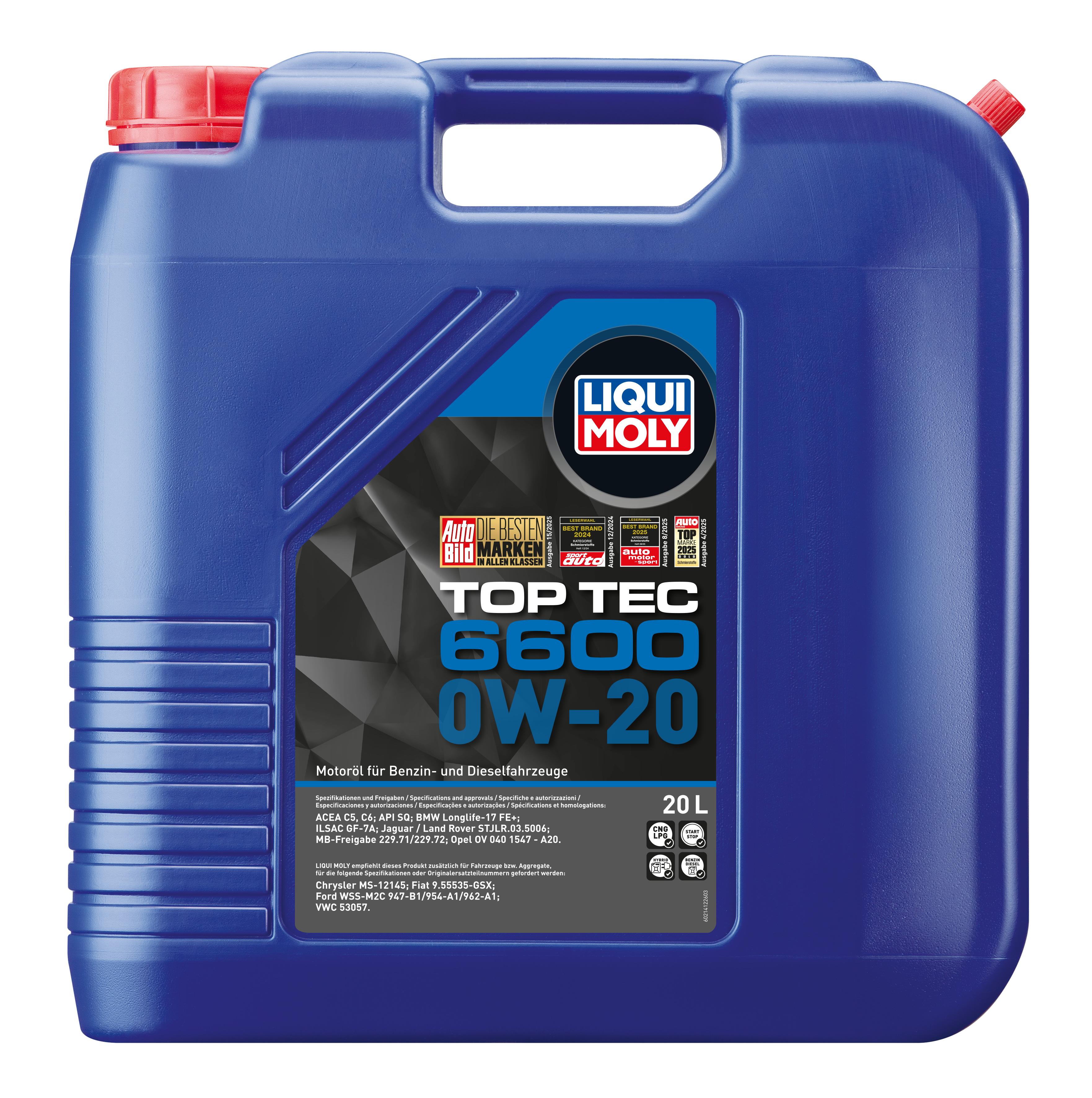 Liqui Moly Top Tec 6600 0W-20 engine oil container with label, suitable for car engine lubrication and maintenance.