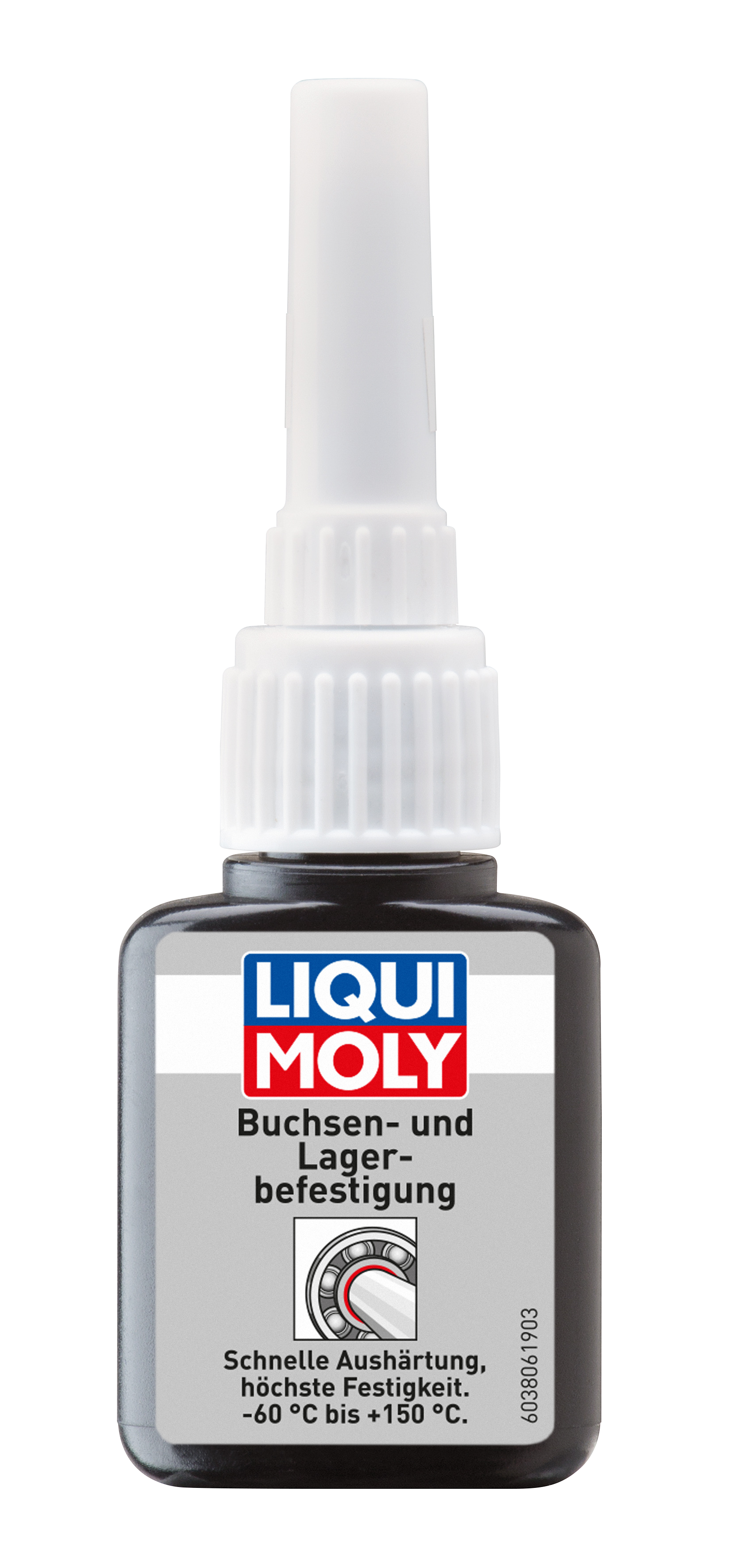 Liqui Moly Bushing and Bearing Fixation adhesive and sealant tube for automotive repairs, showing the product packaging.