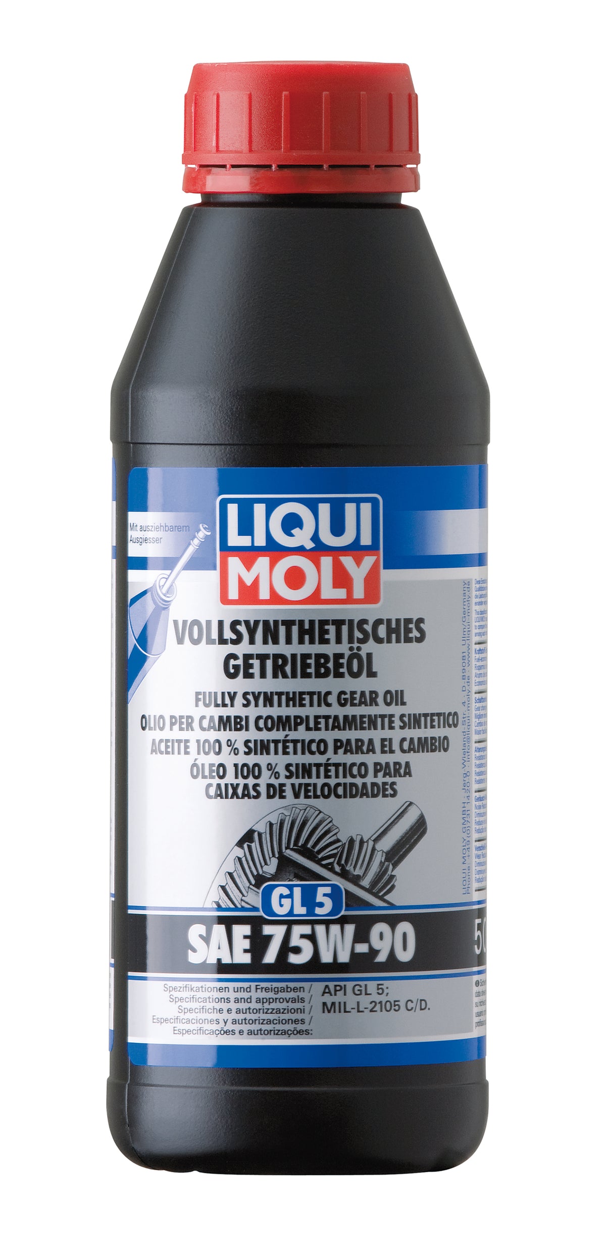 Liqui Moly Fully Synthetic Gear Oil GL5 SAE 75W-90 in a container, designed for gearbox lubrication and performance.