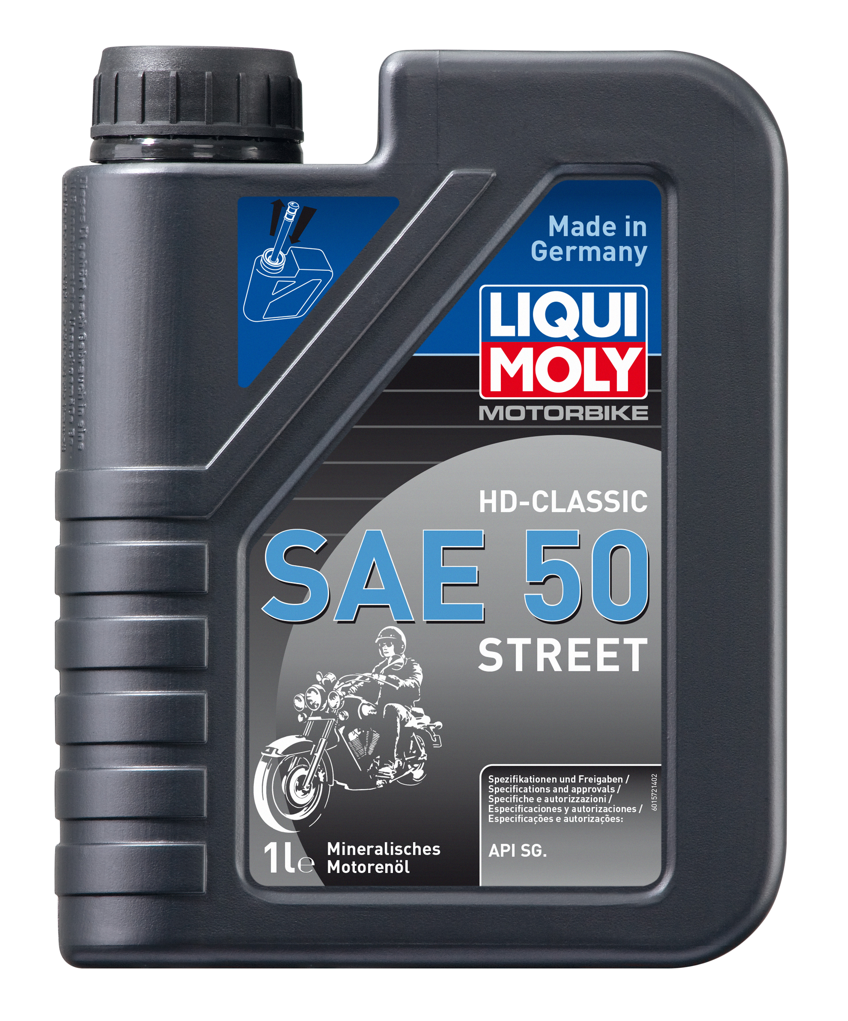 Liqui Moly Motorbike HD-Classic SAE 50 motorcycle engine oil bottle for street use, with label visible in the image.