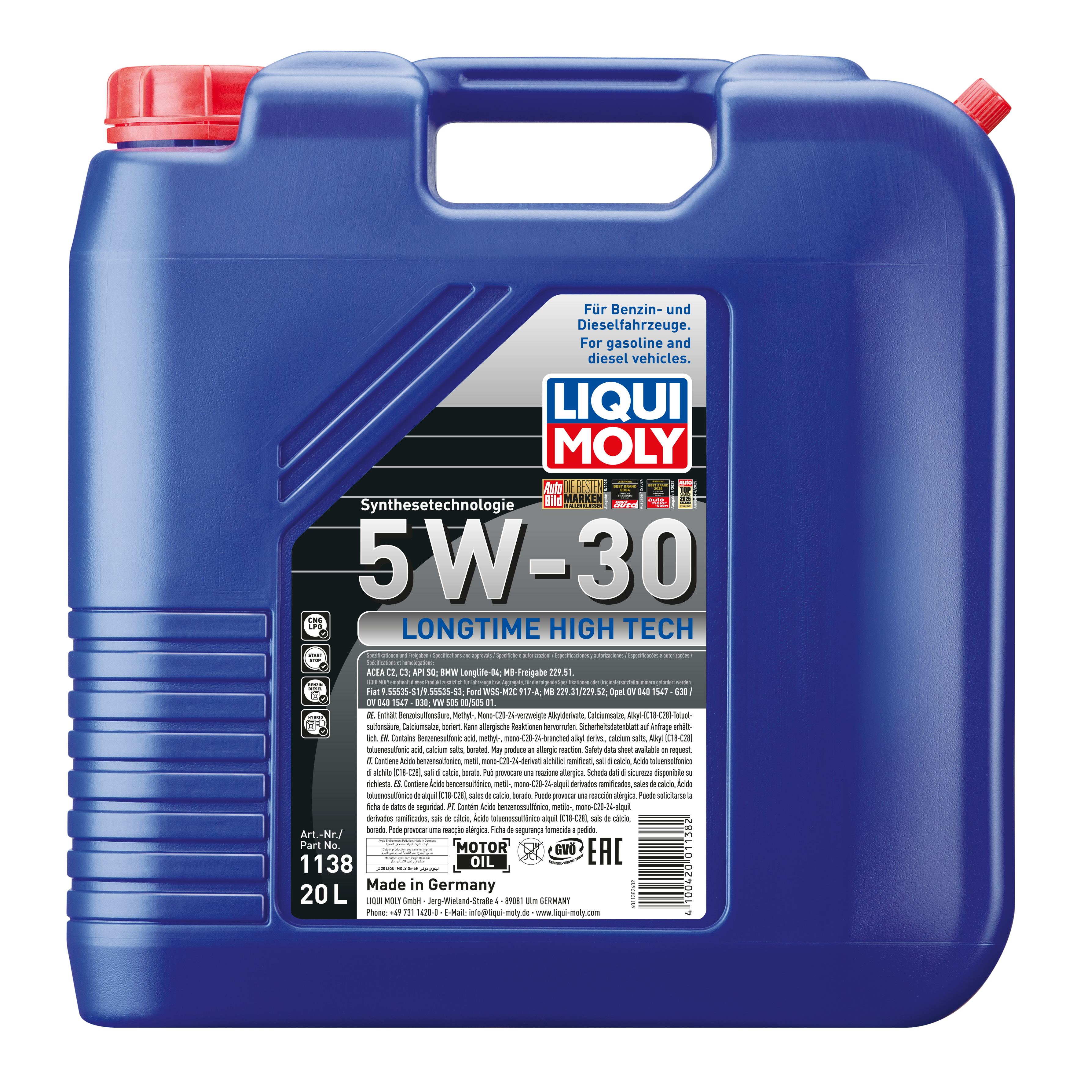 Liqui Moly Longtime High Tech 5W-30 engine oil bottle with label, designed for automotive engine lubrication and performance.