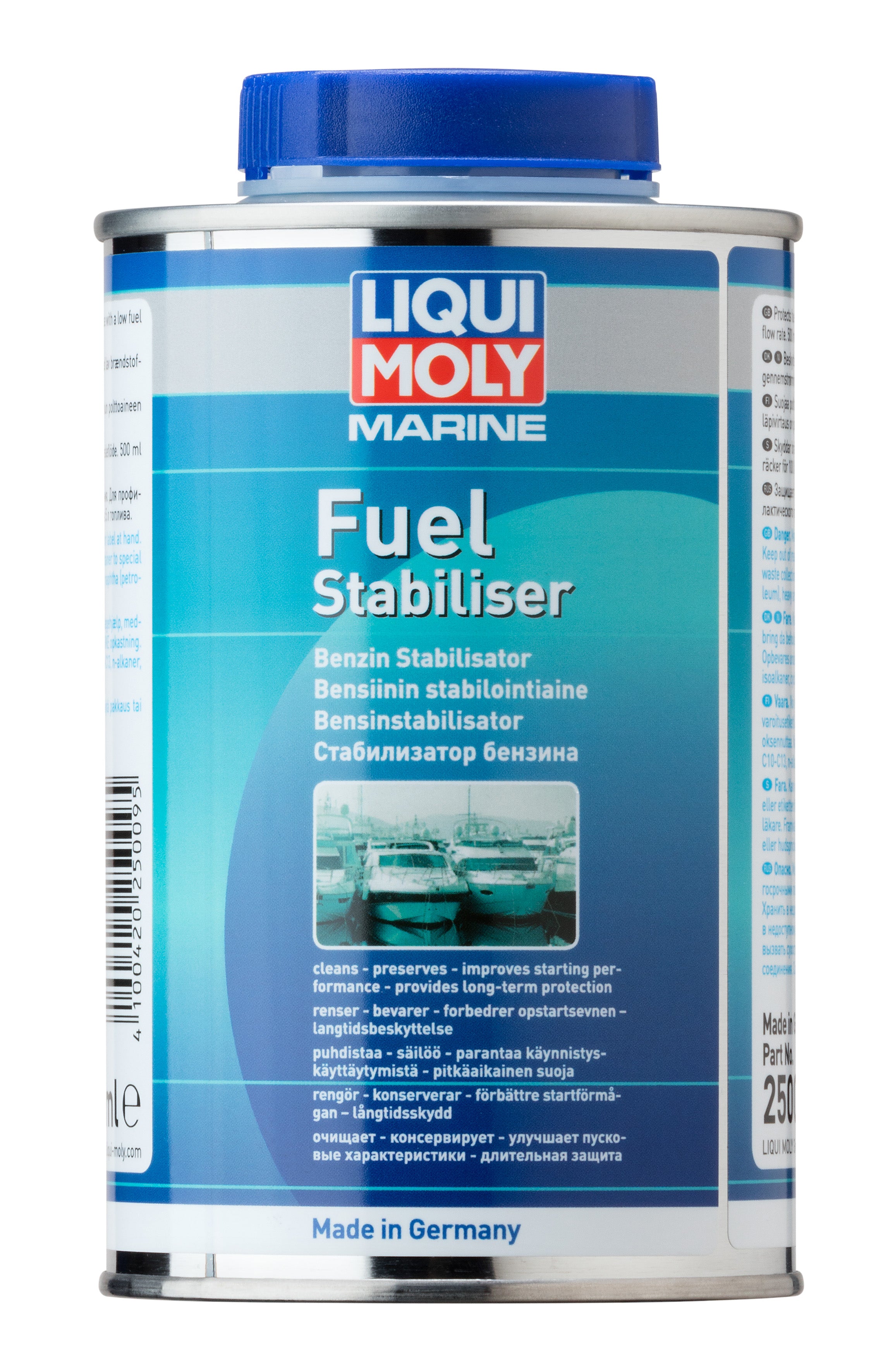 Liqui Moly Marine Fuel Stabiliser 500ml bottle with label, designed for boat fuel system protection and fuel stability.