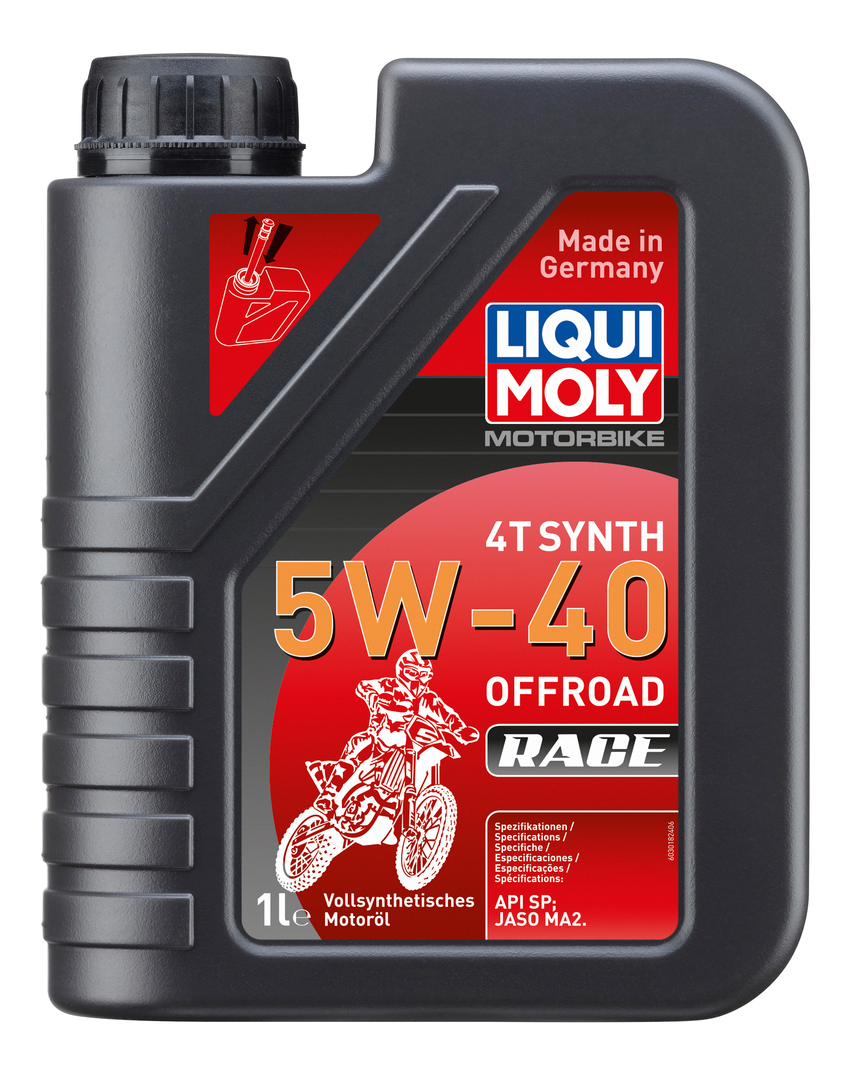 Liqui Moly Motorbike 4T Synth 5W-40 Offroad Race motorcycle engine oil bottle with label and cap.