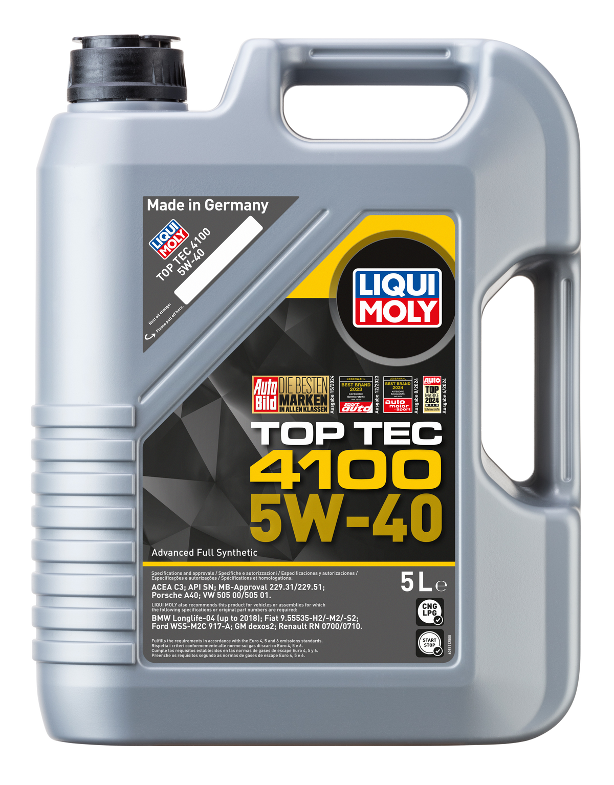 Liqui Moly Top Tec 4100 5W-40 engine oil bottle with label and cap, designed for vehicle engine lubrication.