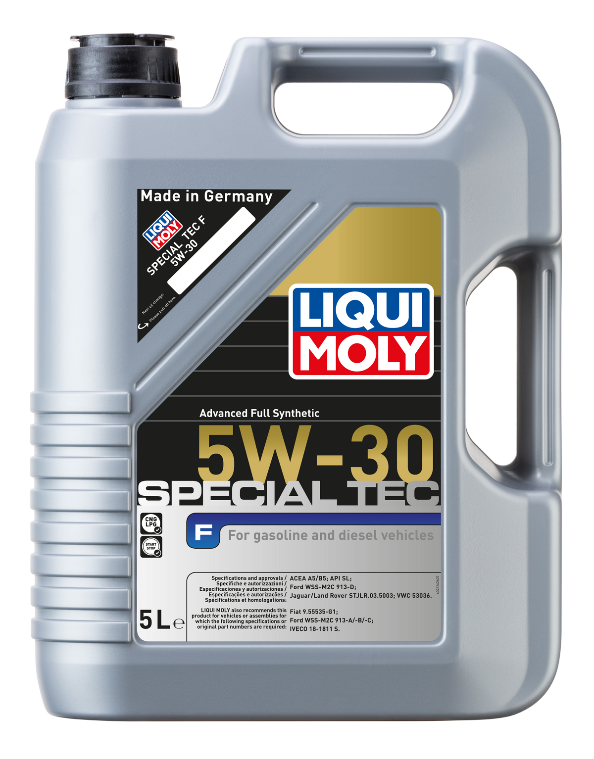 Liqui Moly Special Tec F 5W-30 engine oil bottle with product label and cap, designed for car engine lubrication.