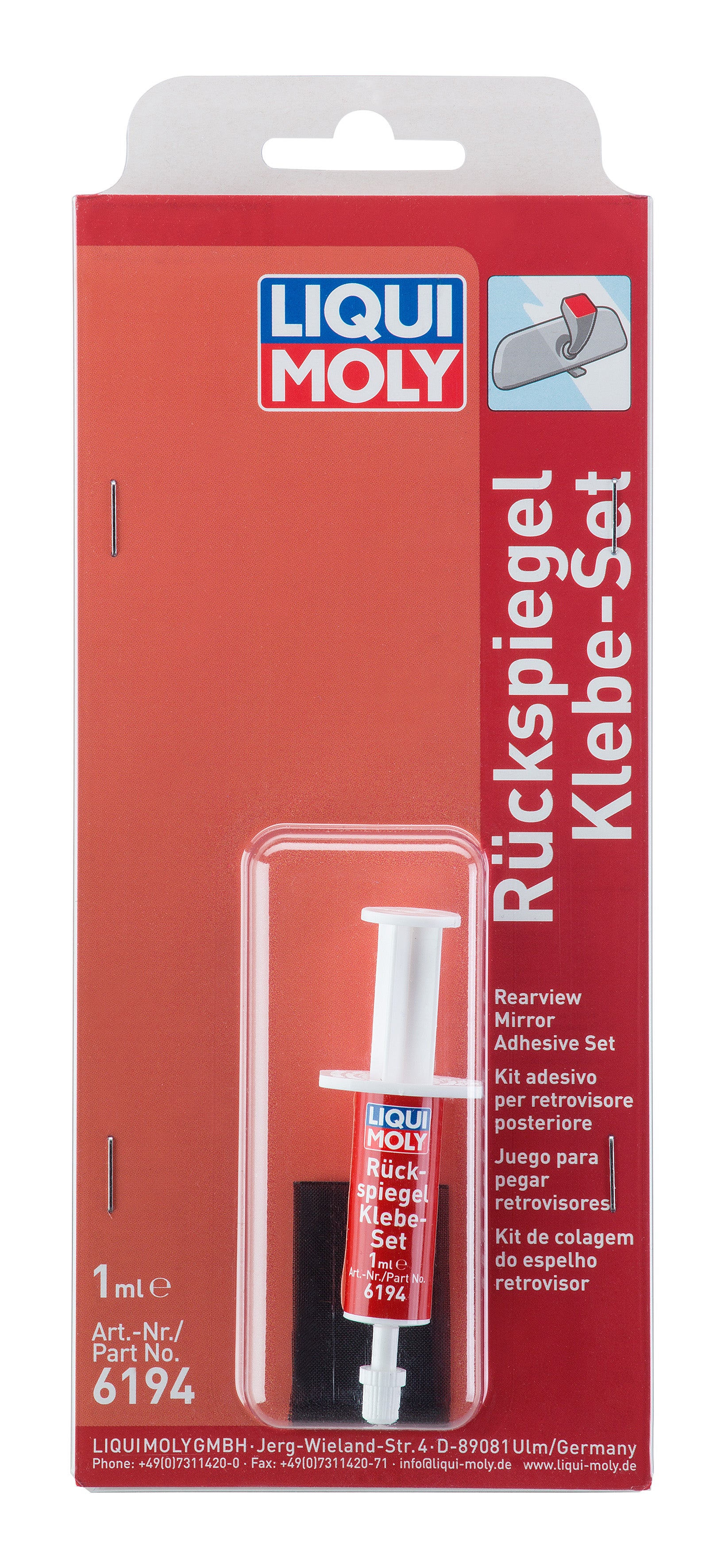 Liqui Moly rearview mirror adhesive set with 1ml tube, suitable for automotive sealant and bonding applications