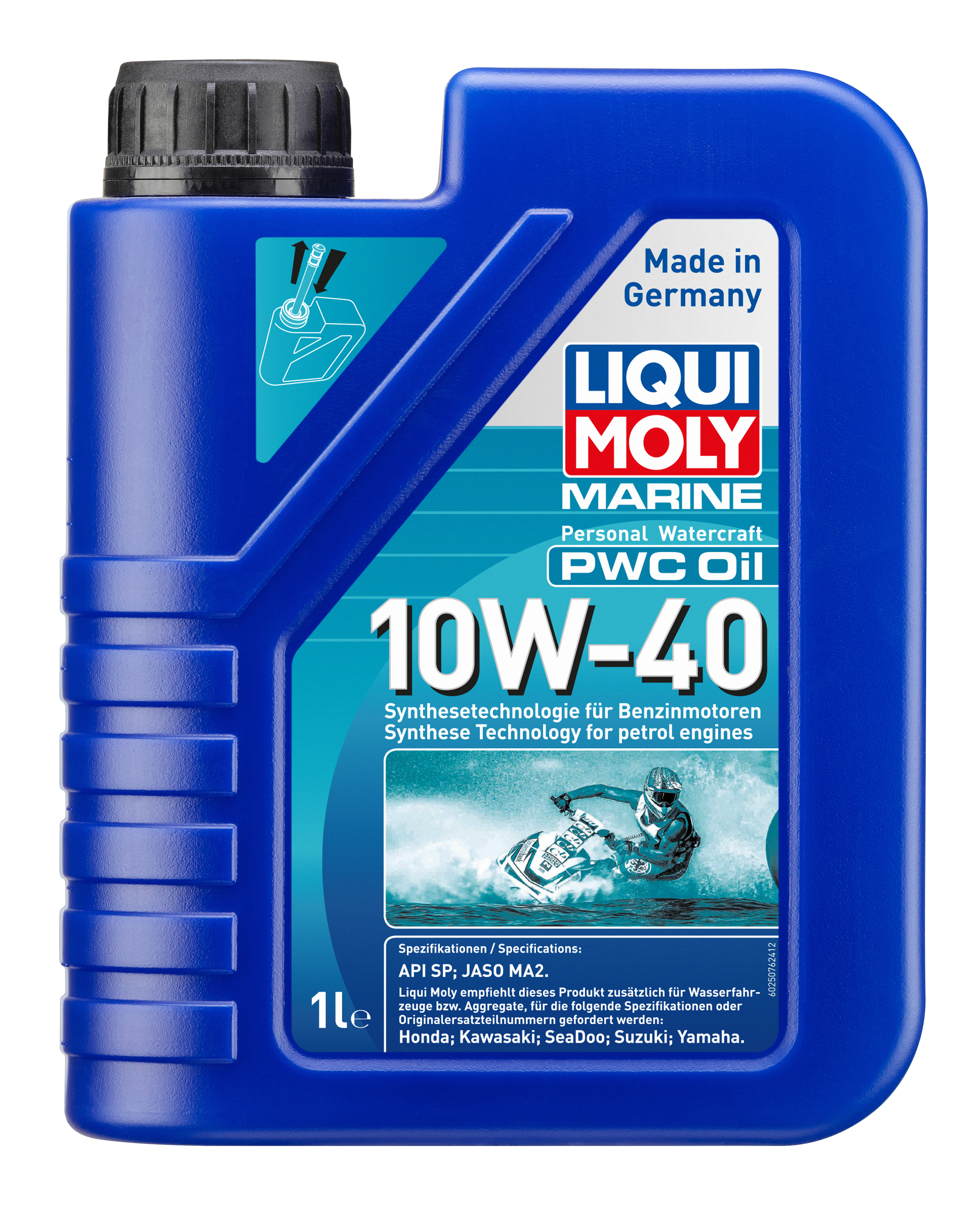 Liqui Moly Marine PWC Oil 10W-40 container, marine engine oil with brand label and product details visible.