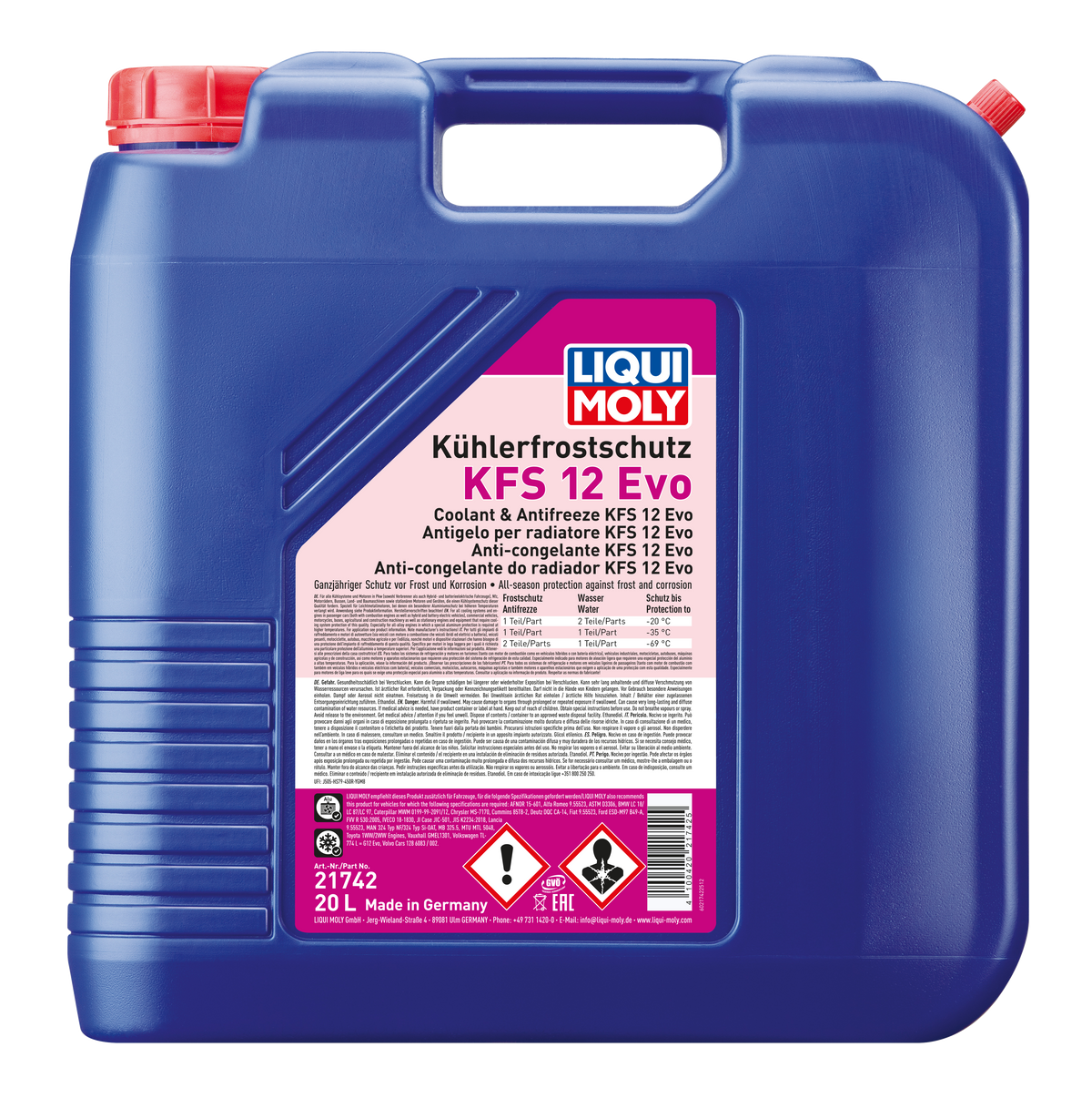 Liqui Moly Radiator Antifreeze KFS 12 Evo coolant bottle with label and cap, designed for automotive radiator protection.