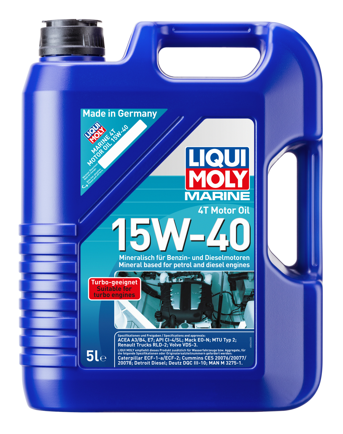 Liqui Moly Marine 4T 15W-40 motor oil container, marine engine oil for 4-stroke engines, with brand label visible