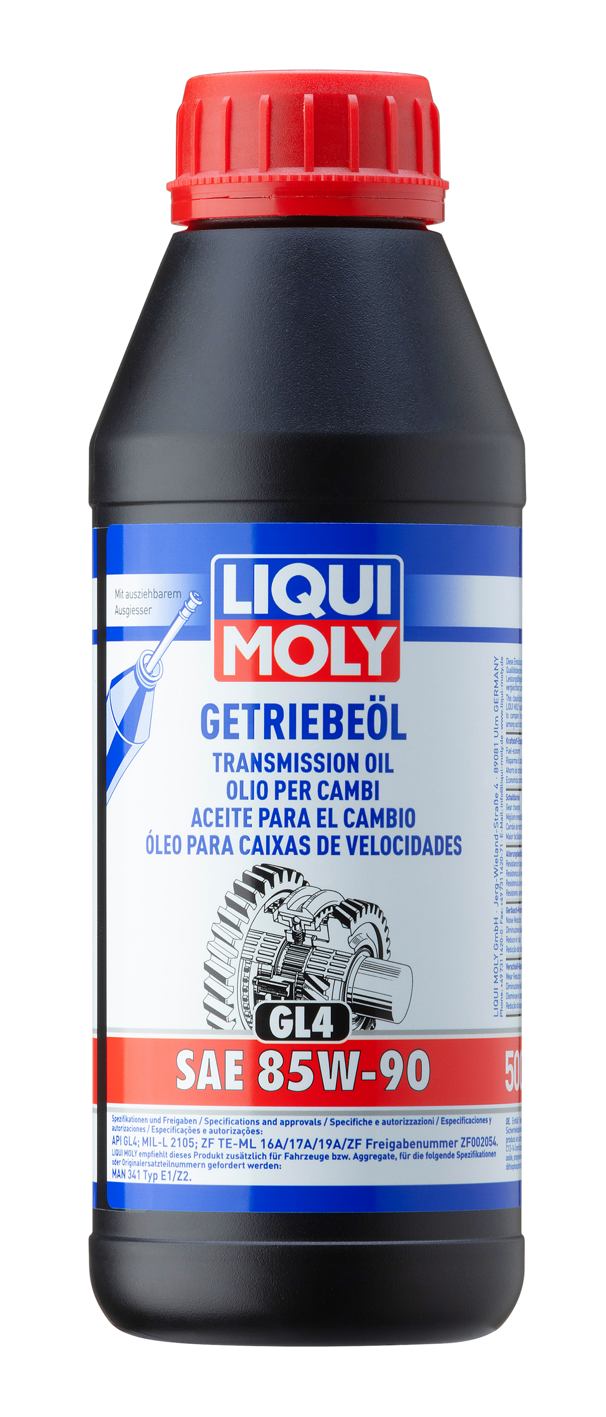 Liqui Moly Gear Oil GL4 SAE 85W-90 gearbox fluid container with label showing product details and brand logo.