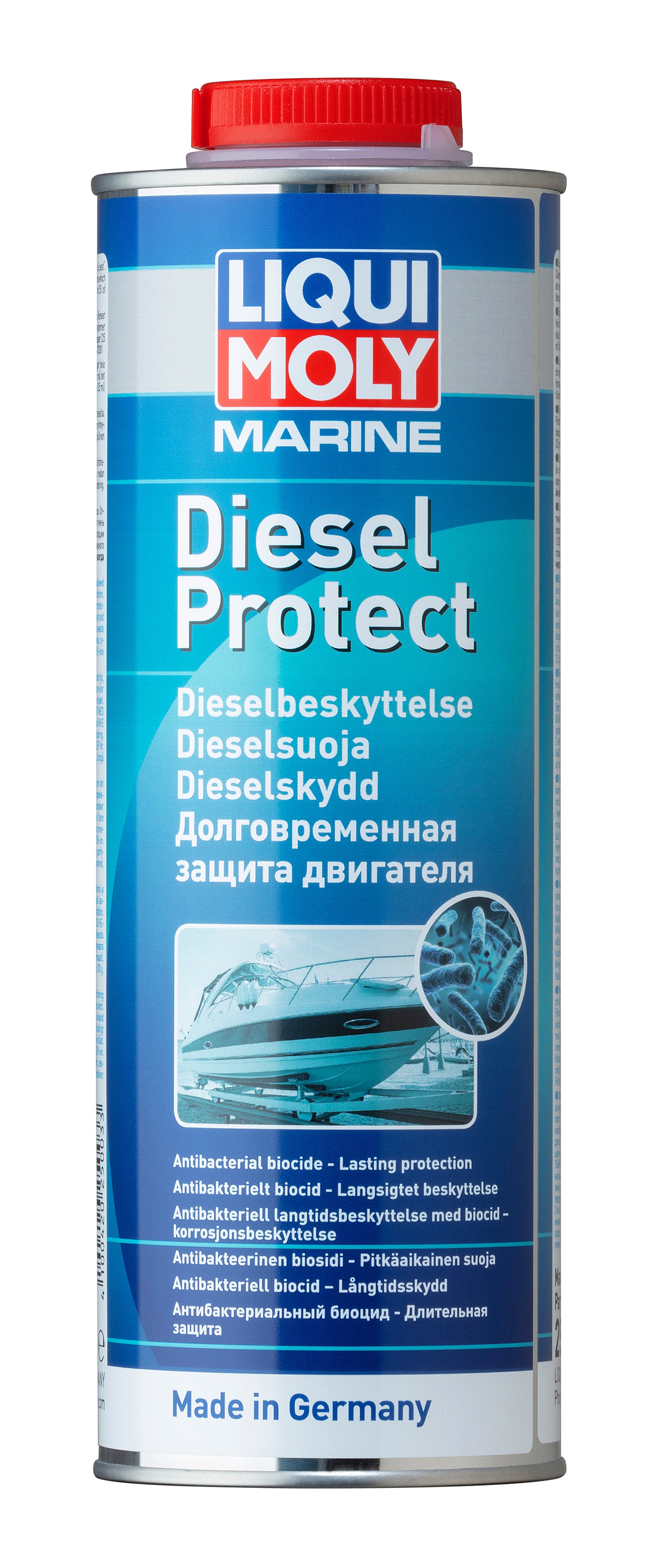 Liqui Moly Marine Diesel Protect additive bottle with label, designed for marine diesel engine fuel treatment.