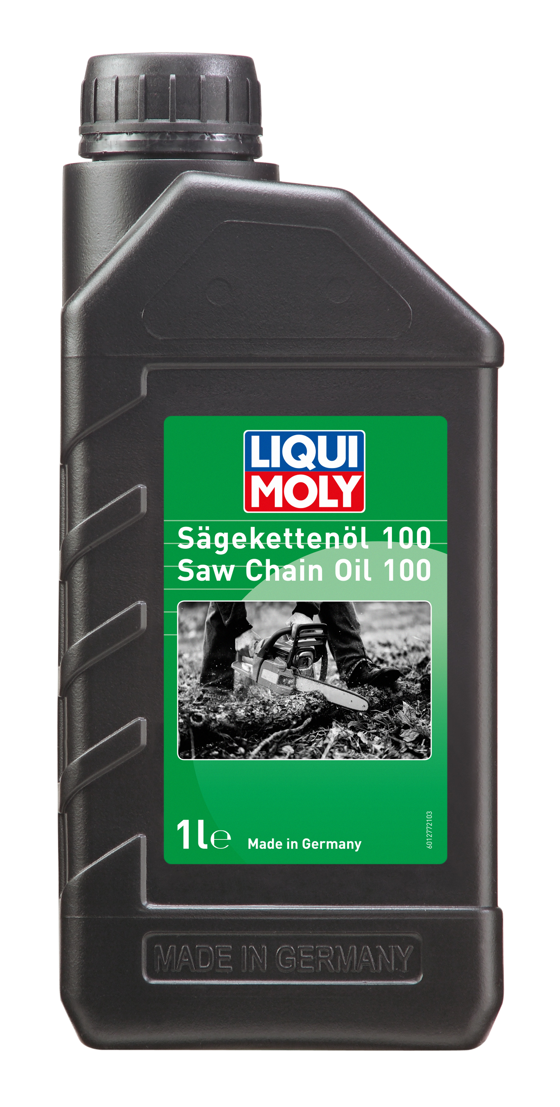 Liqui Moly Chainsaw Oil 100 for commercial and agricultural use, showing a container of lubricating oil with chainsaw graphics.