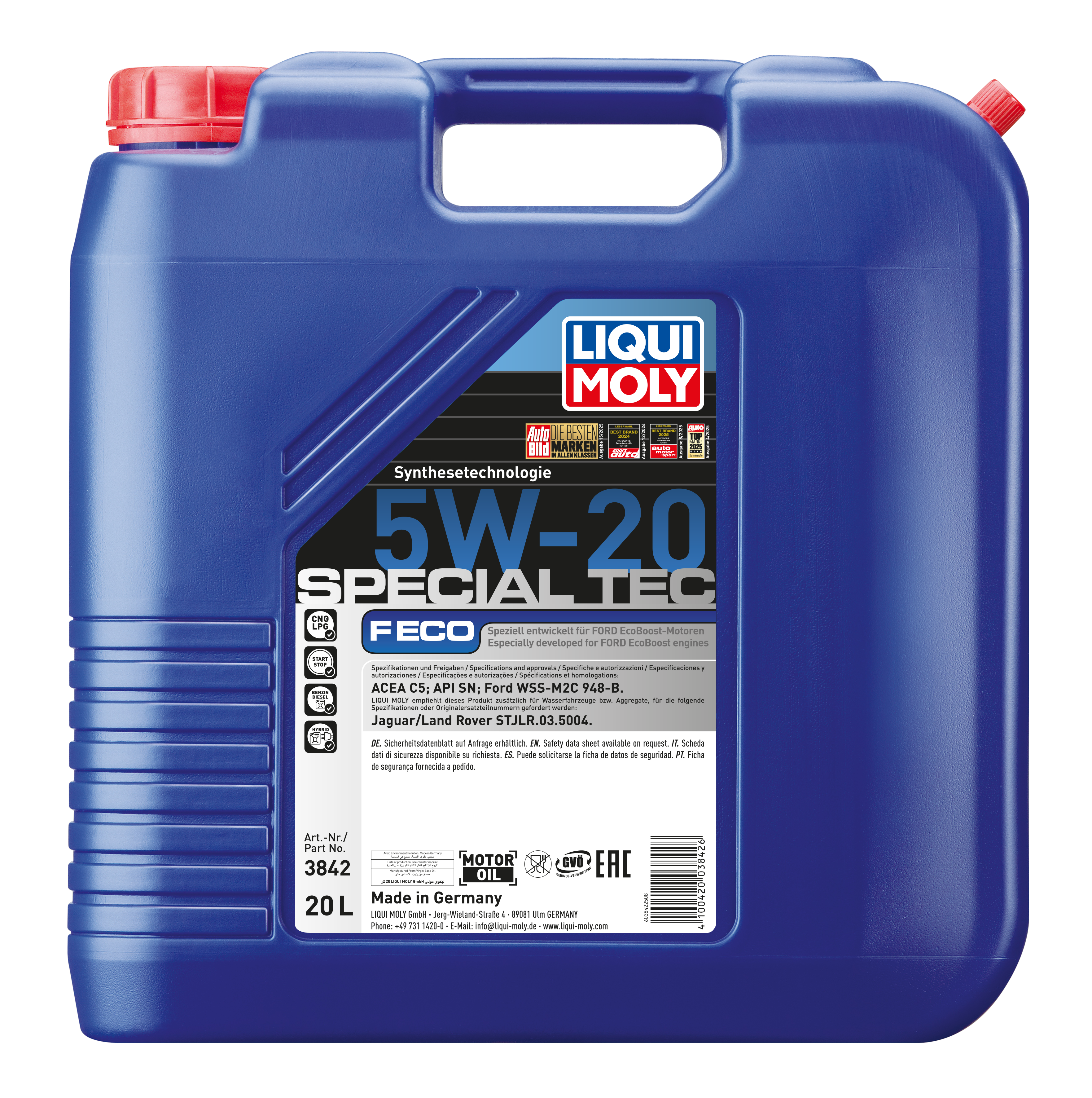 Liqui Moly Special Tec F Eco 5W-20 engine oil container with label and cap, designed for vehicle engine lubrication.