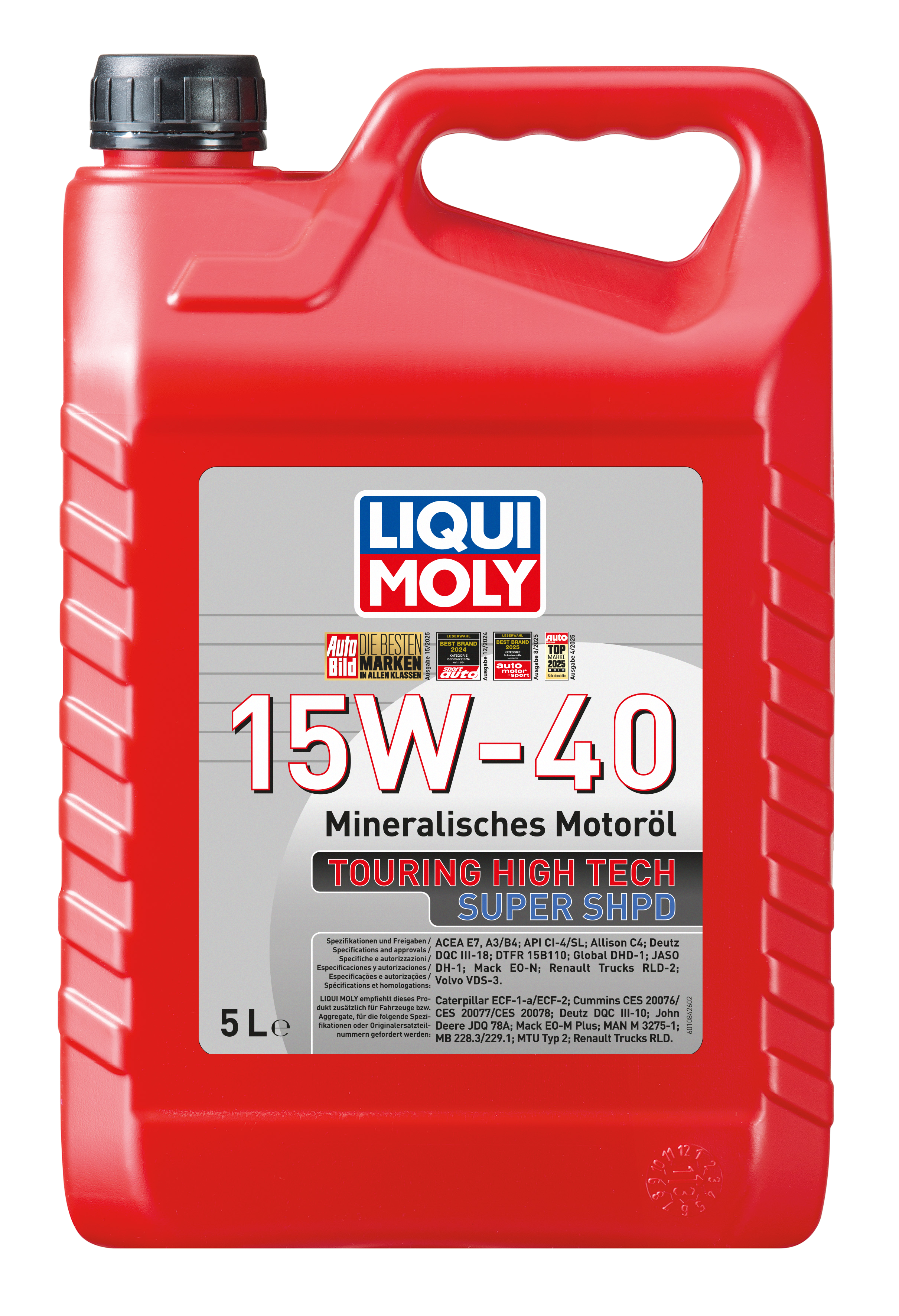 Liqui Moly Touring High Tech Super 15W-40 engine oil bottle with label showing product details and branding.