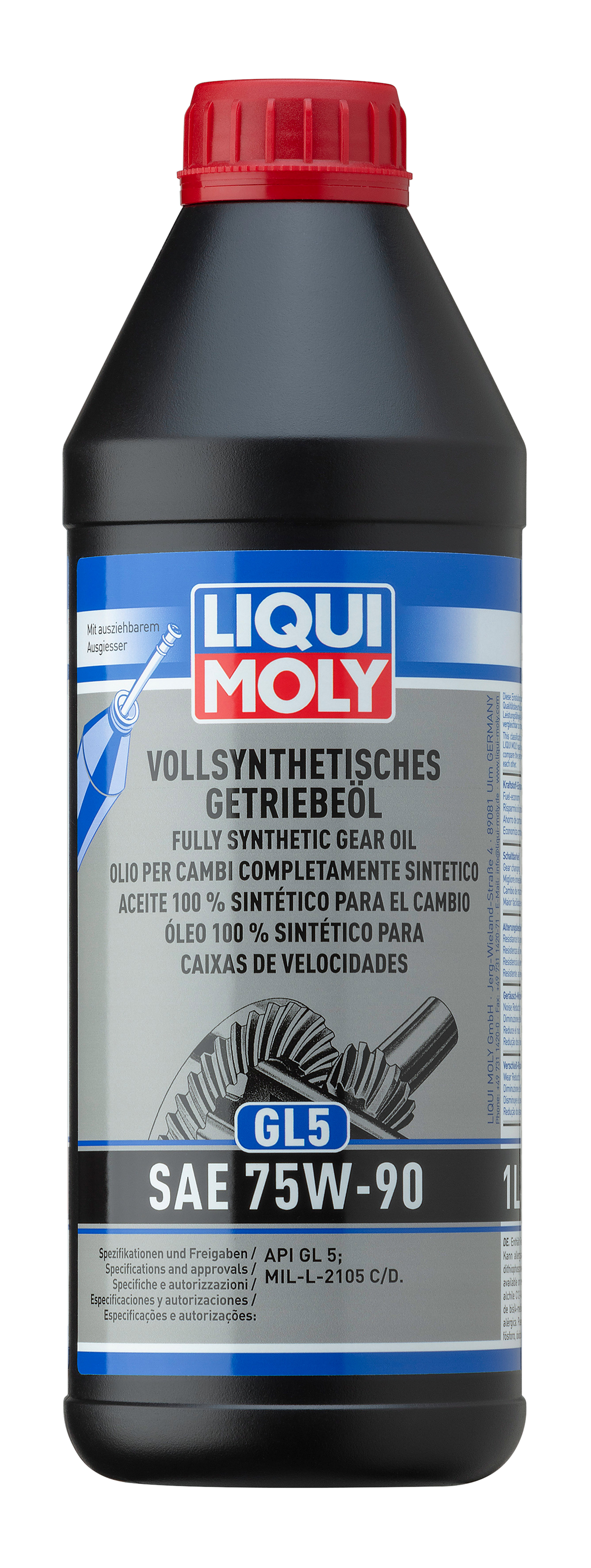 Liqui Moly Fully Synthetic Gear Oil GL5 SAE 75W-90 in a container, designed for gearbox lubrication and protection.