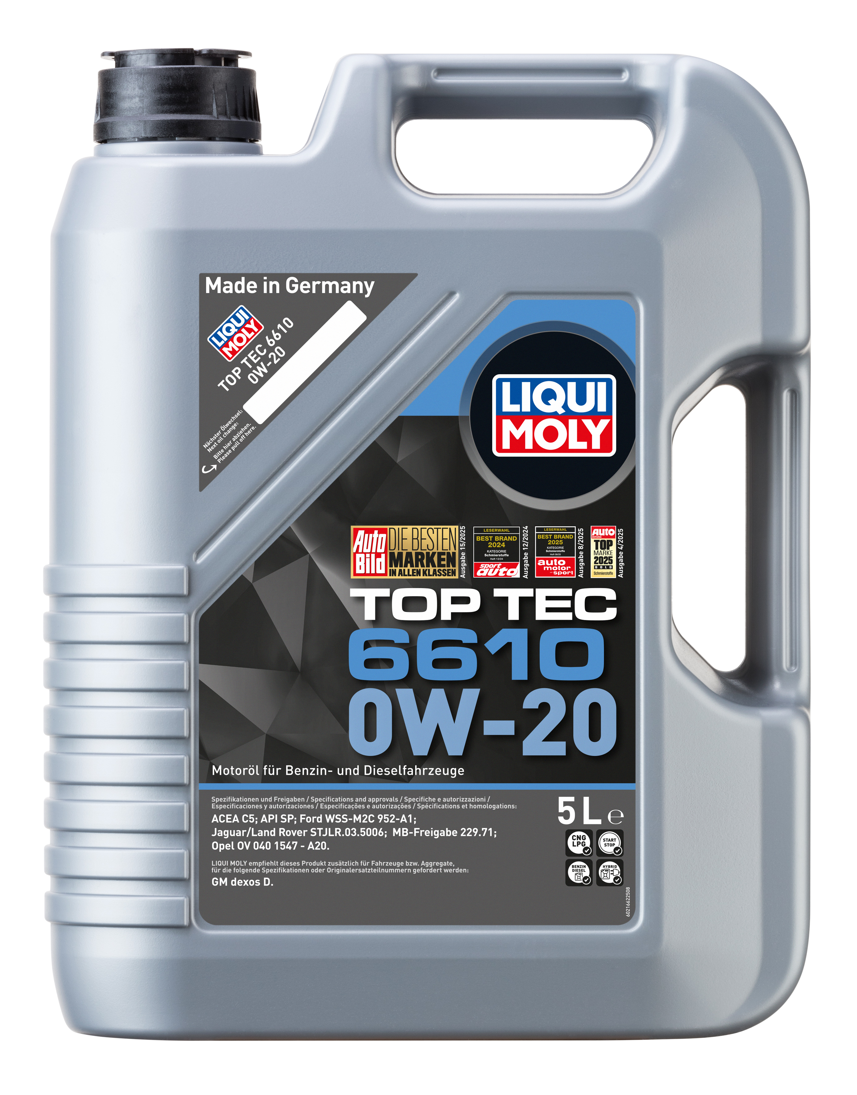 Liqui Moly Top Tec 6610 0W-20 engine oil bottle, high-performance motor oil for vehicle engine lubrication