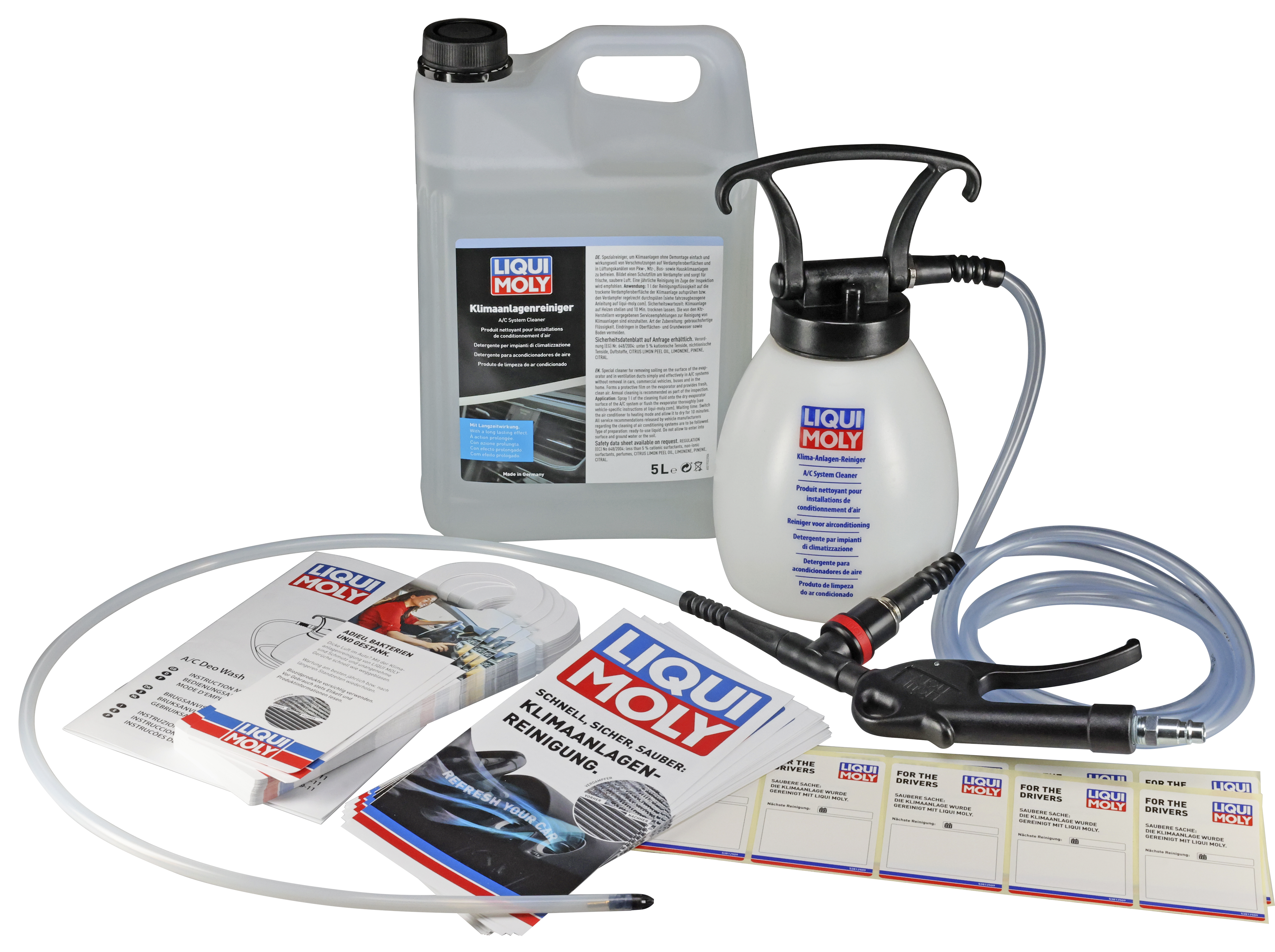 Liqui Moly Air Conditioner Cleaning Set for workshop tools, includes spray bottles and cleaning accessories.