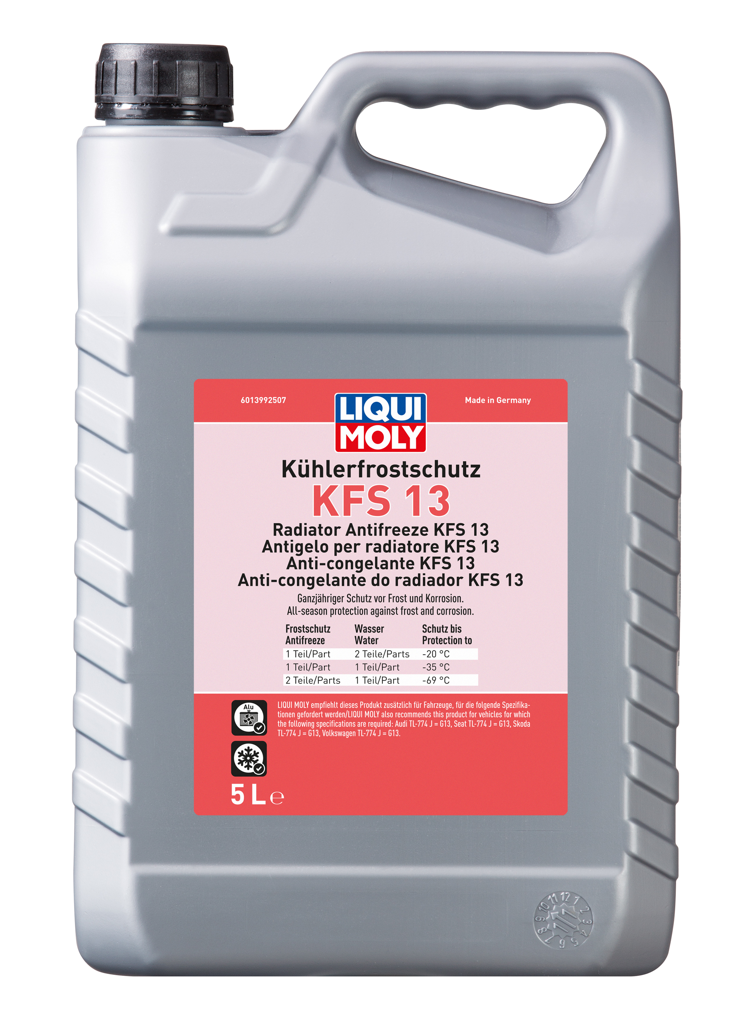 Liqui Moly Radiator Antifreeze KFS 13 coolant container with blue liquid, used for vehicle radiator protection.