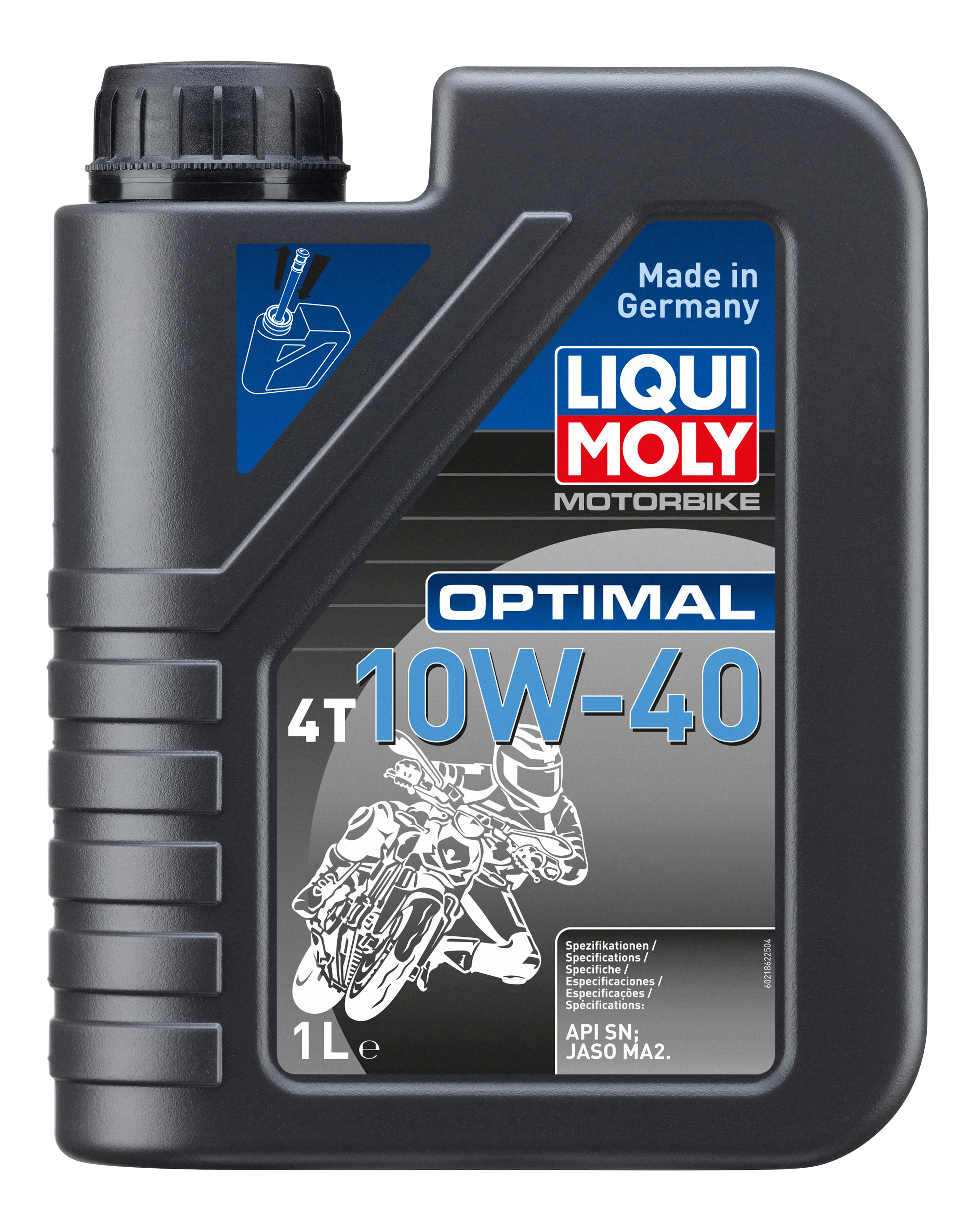 Liqui Moly Motorbike Optimal 4T 10W-40 motorcycle engine oil bottle with label and cap, designed for 4-stroke bikes.