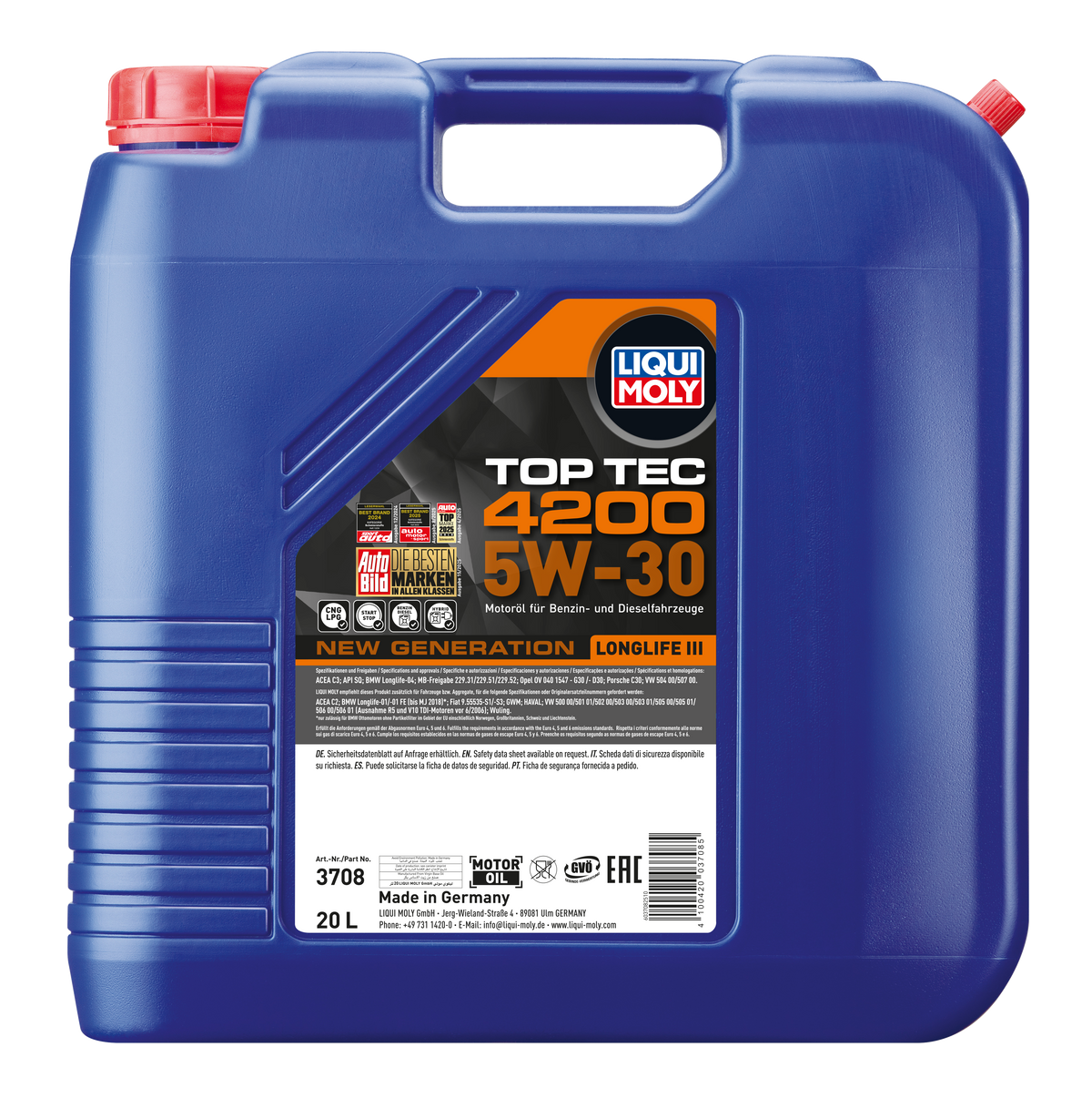 Liqui Moly Top Tec 4200 5W-30 engine oil bottle with label and cap, designed for car engine lubrication and maintenance.