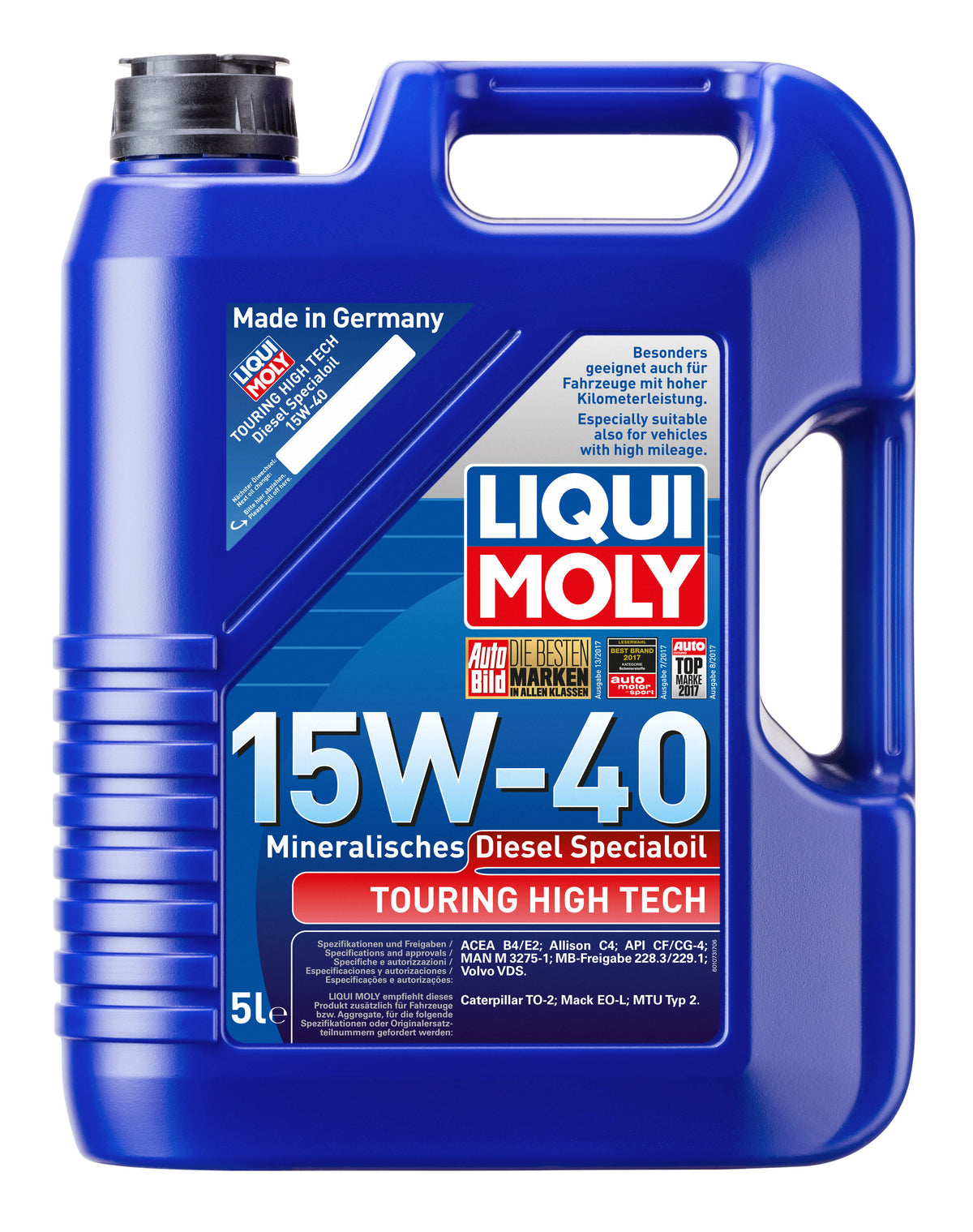 Liqui Moly Touring High Tech Diesel Special Oil 15W-40 engine oil bottle with label and cap, designed for diesel engines.