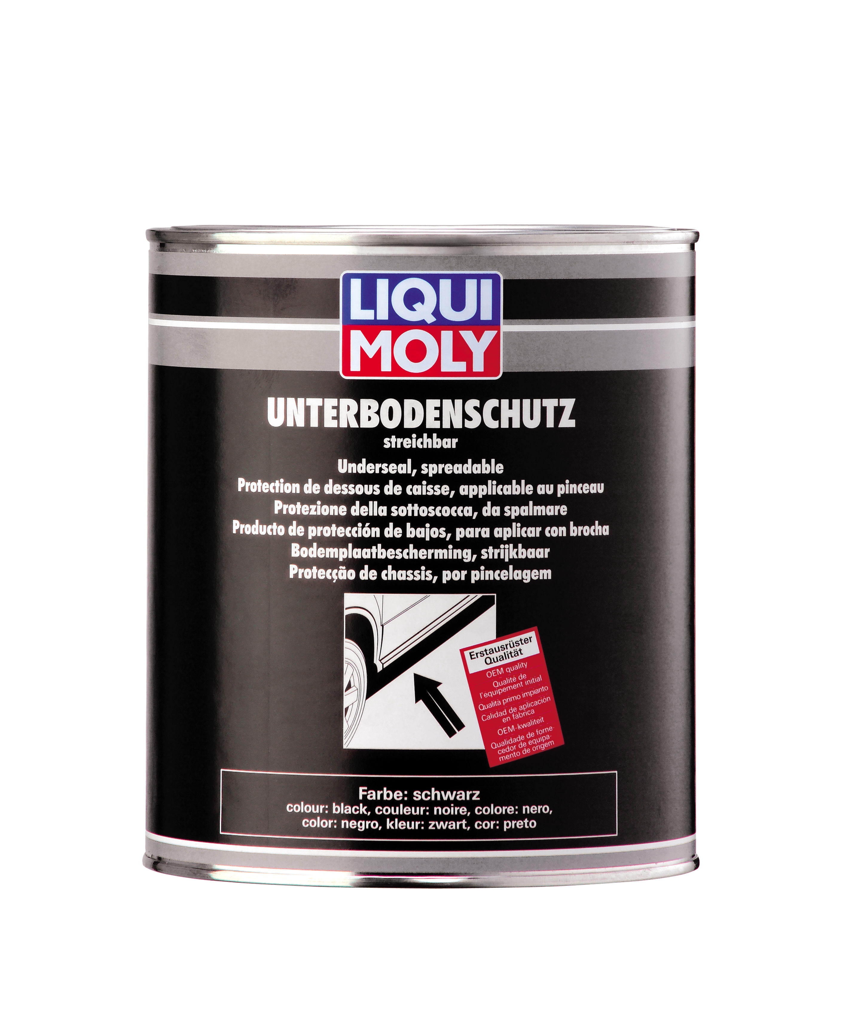 Liqui Moly spreadable black underseal sealant in 2kg container, used as an adhesive and protective coating for vehicle undercarriages.