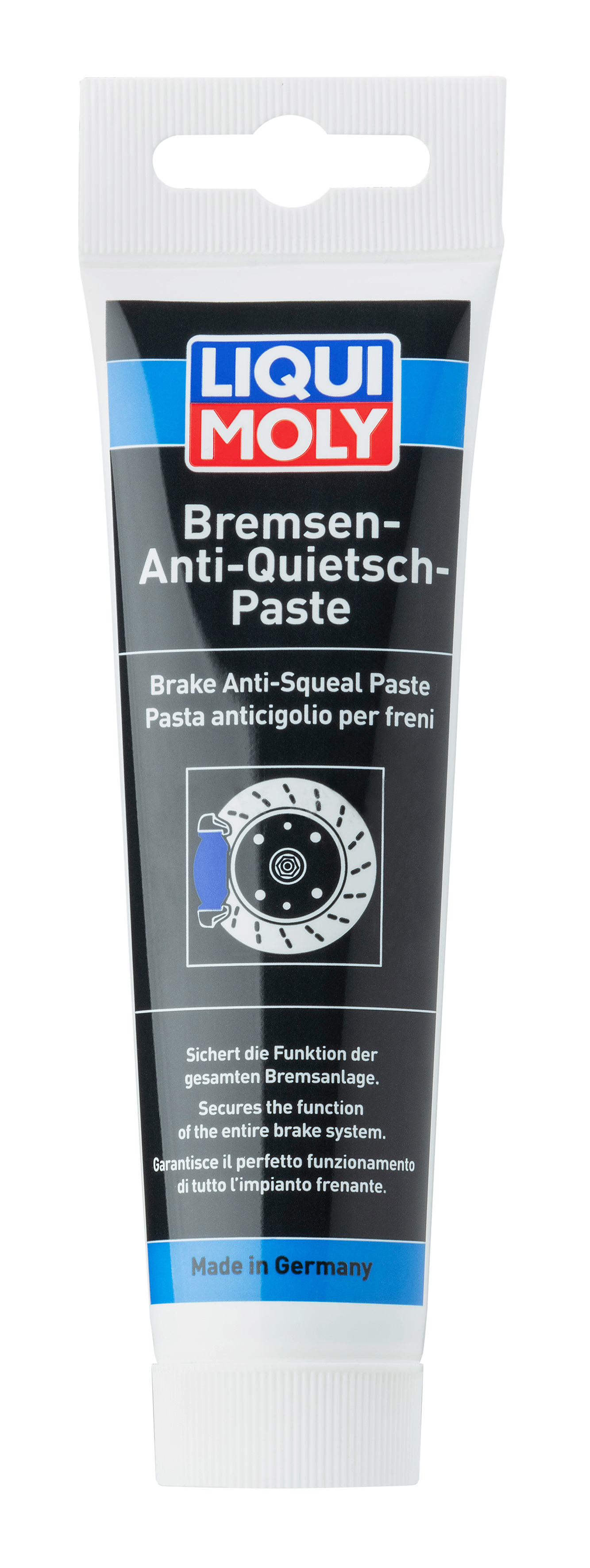 Liqui Moly Brake Anti-Squeal Paste tube showing the product label and applicator tip for reducing brake noise and squealing.