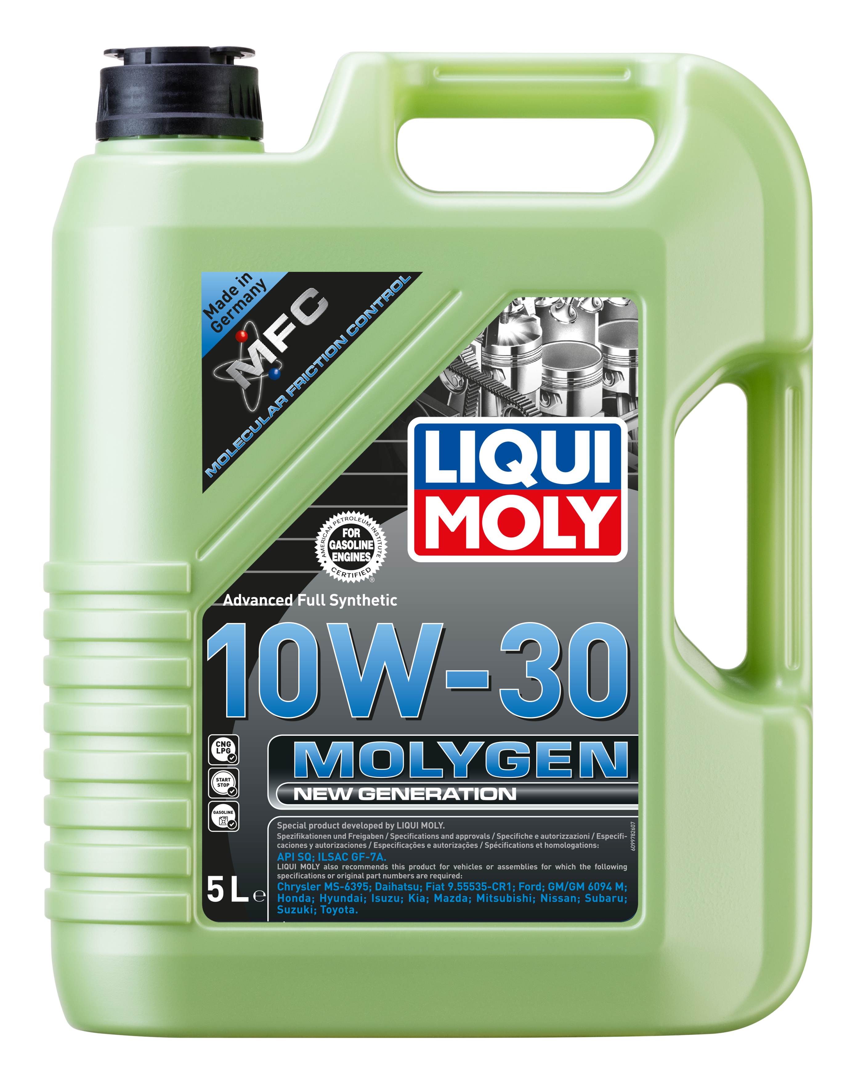 Liqui Moly Molygen New Generation 10W-30 engine oil container, lightweight and durable packaging for automotive engine lubrication.