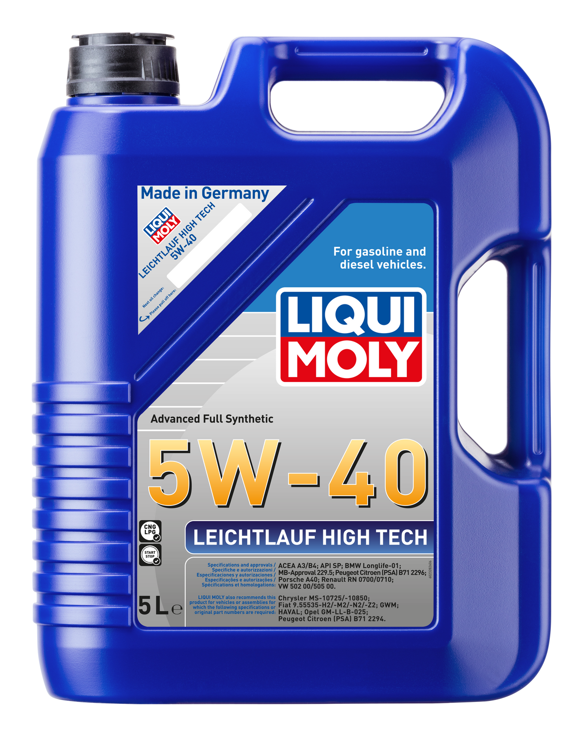 Liqui Moly Smooth Running High Tech Engine Oil 5W-40 container, showcasing the engine oil bottle with label and cap.