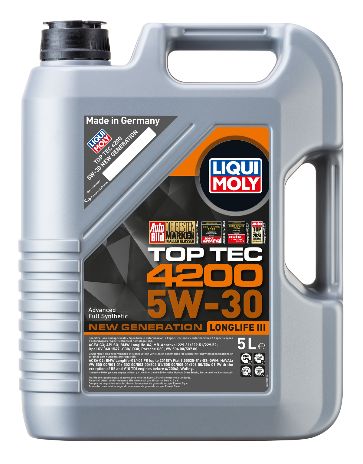 Liqui Moly Top Tec 4200 5W-30 engine oil bottle, high-performance motor oil for vehicle engine lubrication
