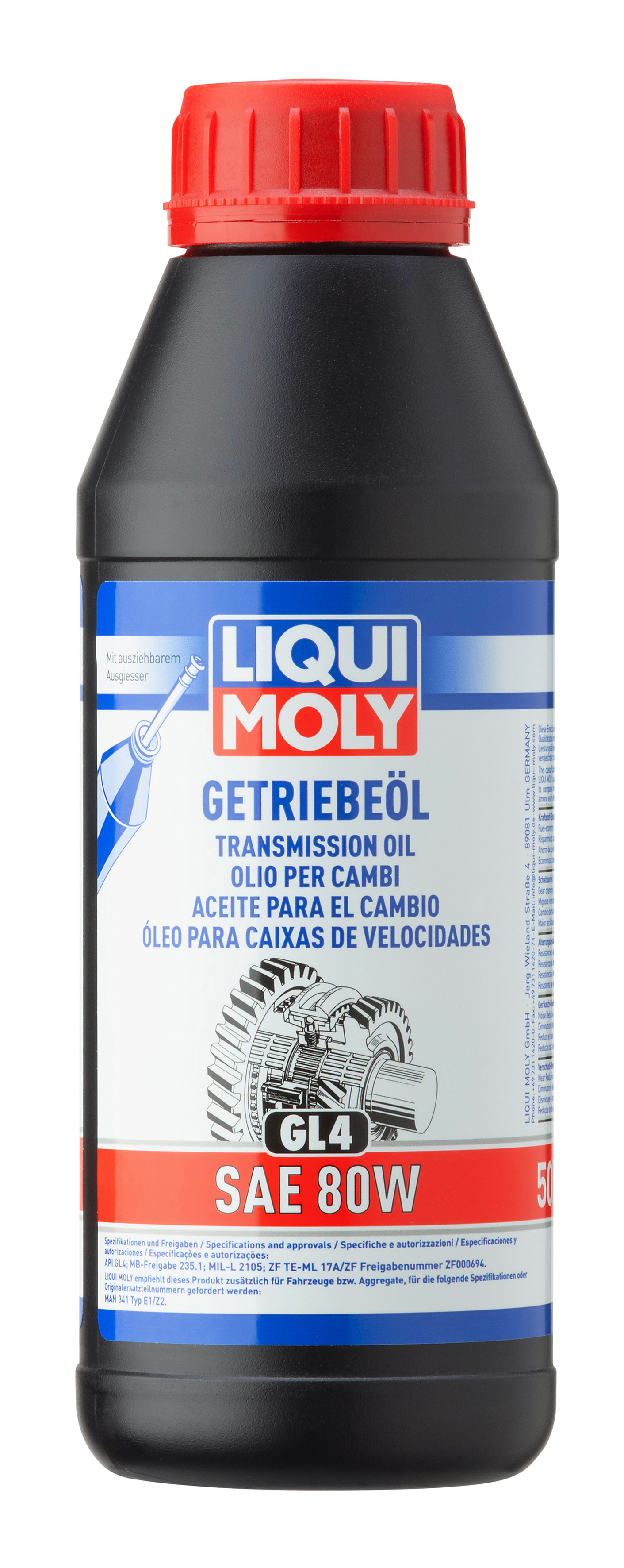 Liqui Moly Gear Oil GL4 SAE 80W, gearbox fluid container with label and cap, for vehicle transmission lubrication.