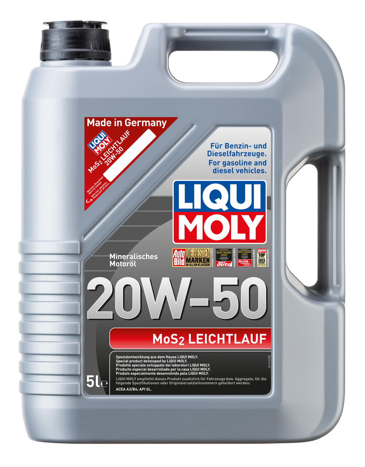 Liqui Moly MoS2 Low-Friction 20W-50 engine oil bottle with label showing product details and brand logo.