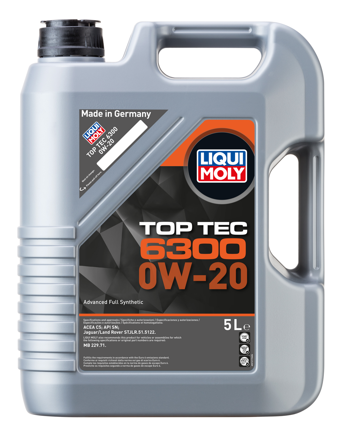 Bottle of Liqui Moly Top Tec 6300 0W-20 engine oil with label showing product name and brand in a clear display.