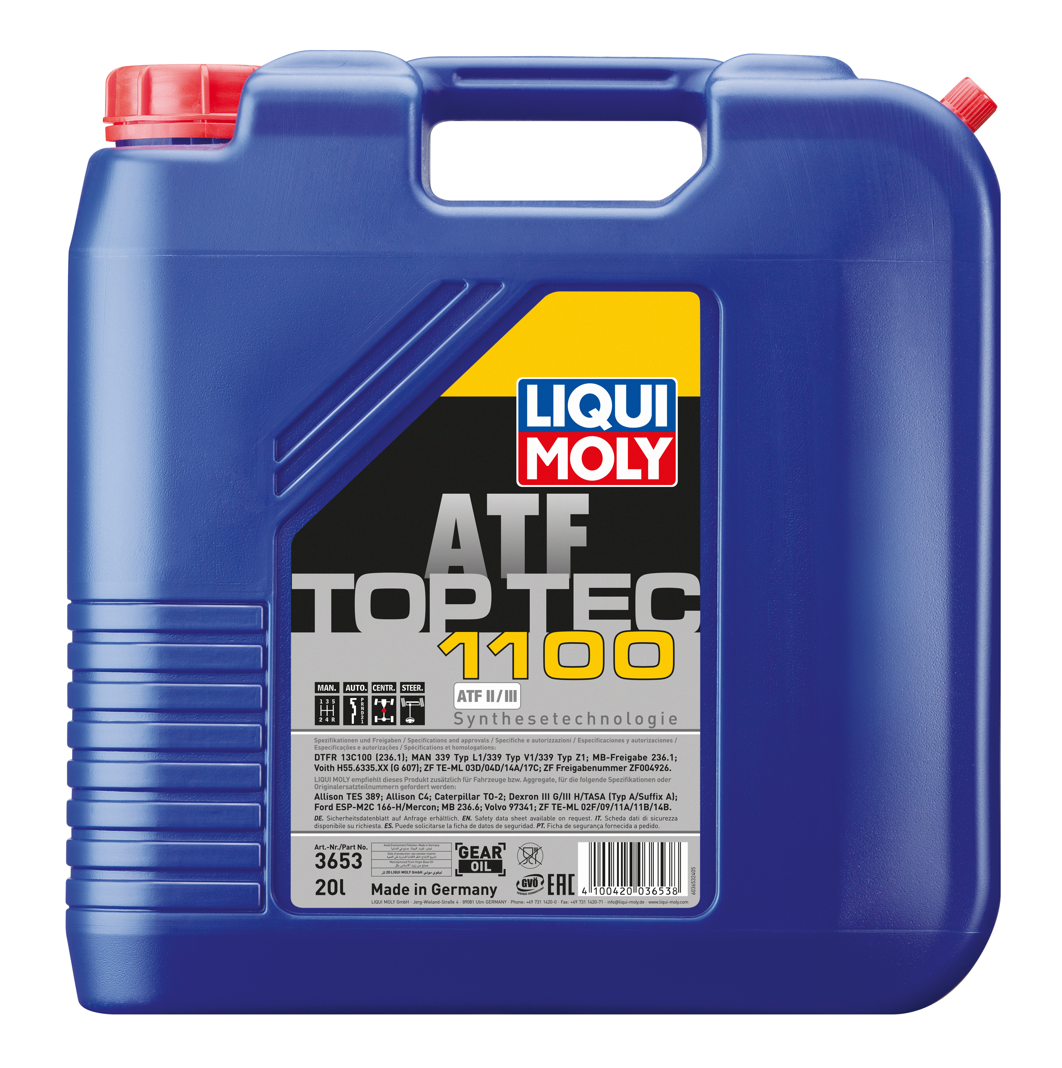 Liqui Moly Top Tec ATF 1100 gearbox fluid bottle with label, designed for automatic transmissions and gear systems.