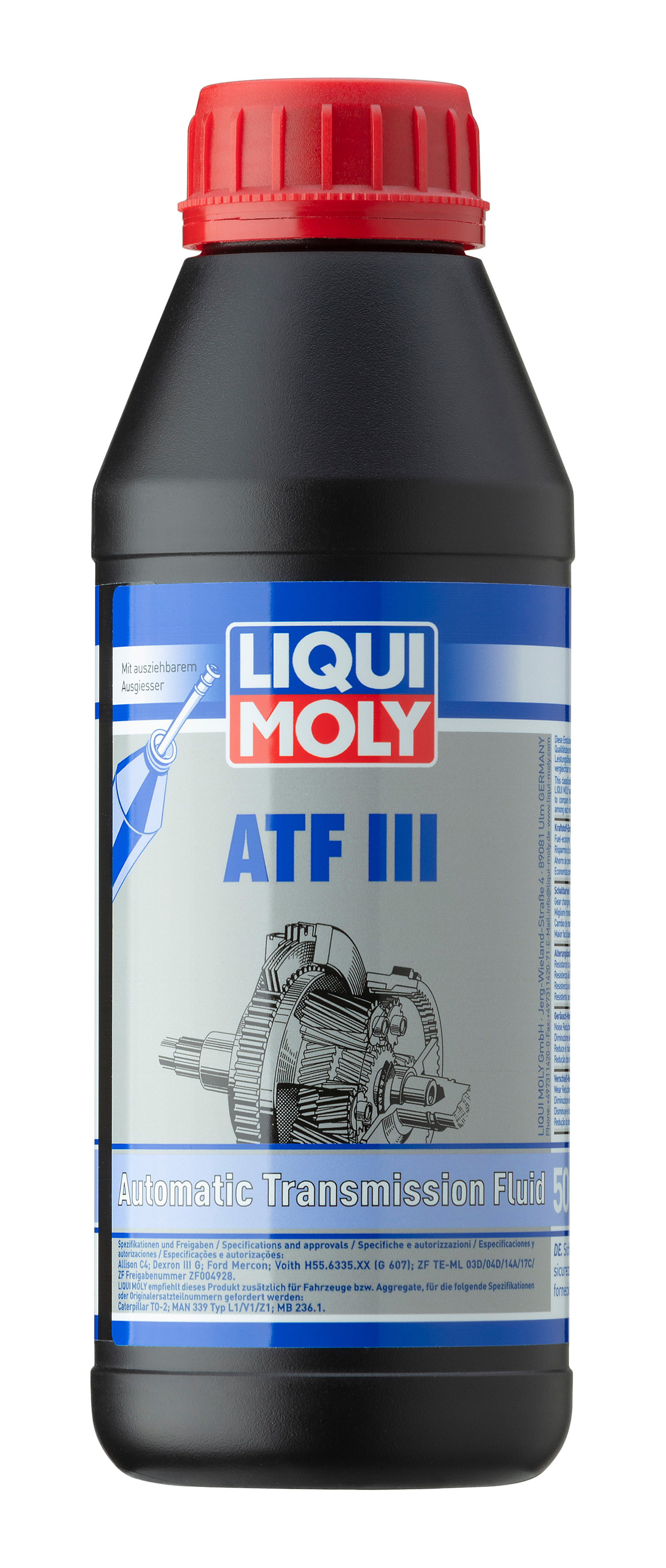 Liqui Moly ATF III Gearbox Fluid bottle with label showing brand logo and product details, ready for automatic transmission maintenance.
