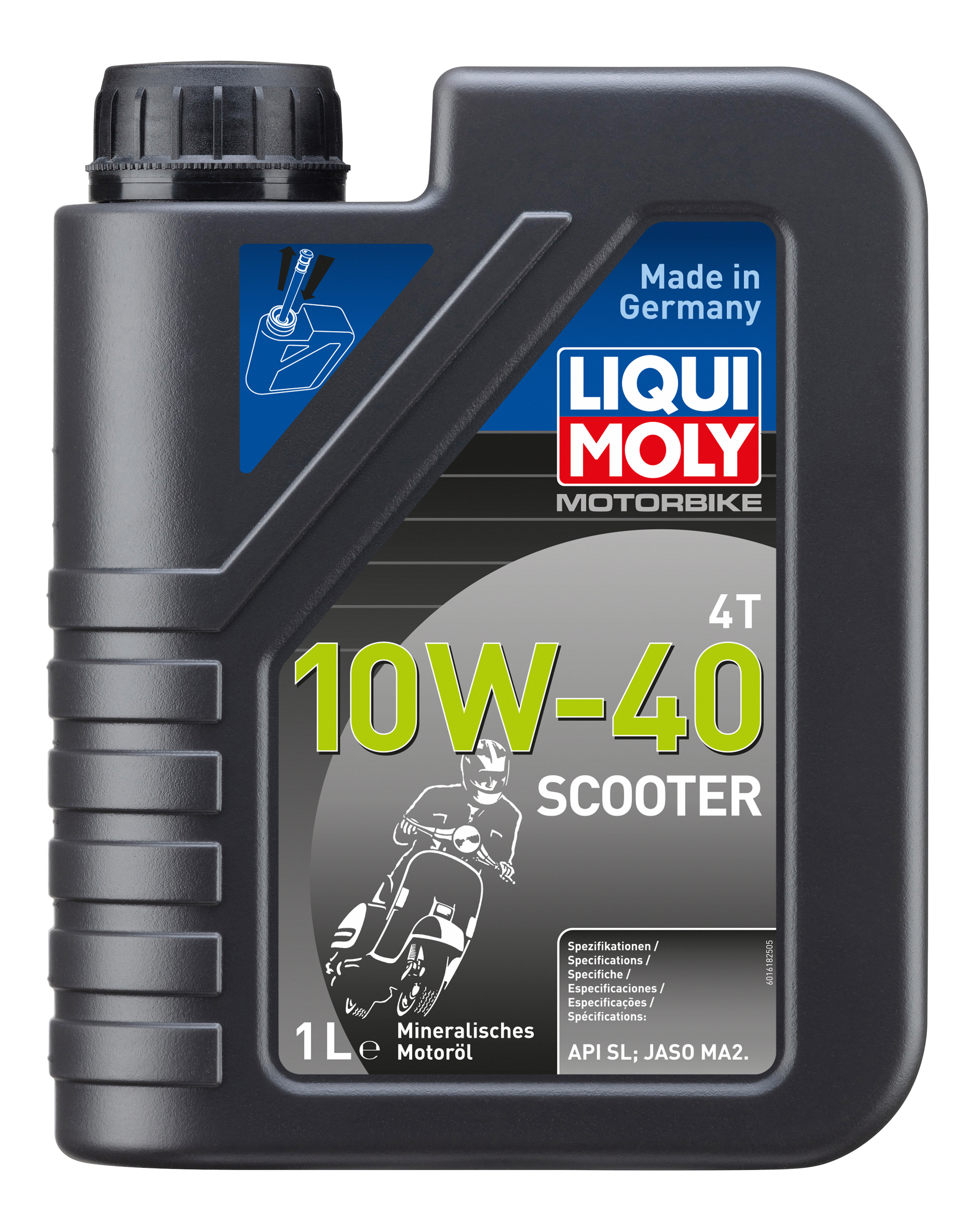 Liqui Moly Motorbike 4T 10W-40 scooter engine oil 1L bottle with label and cap, suitable for motorcycle engines